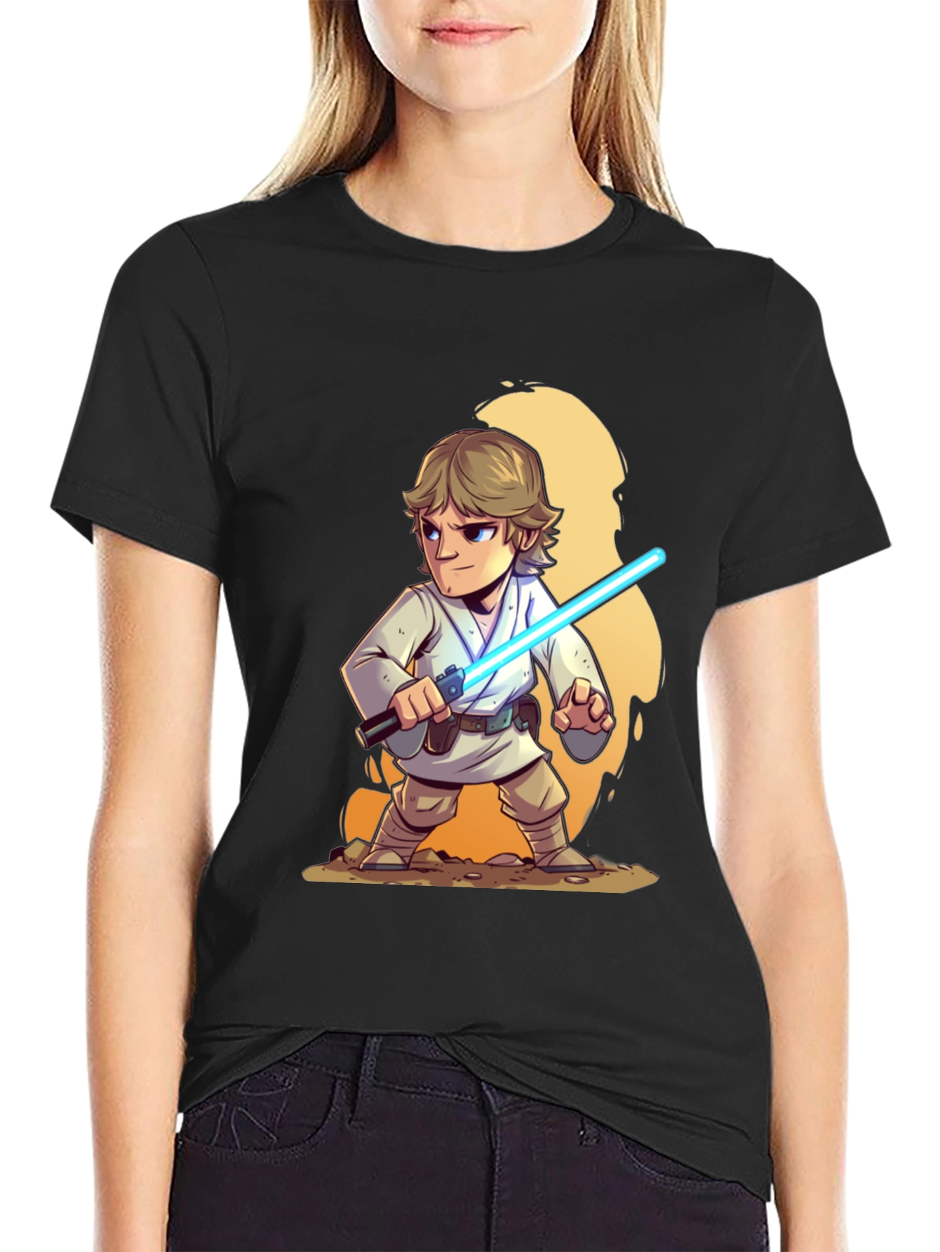 Cartoon Luke Skywalker Lightsaber Black T-Shirt