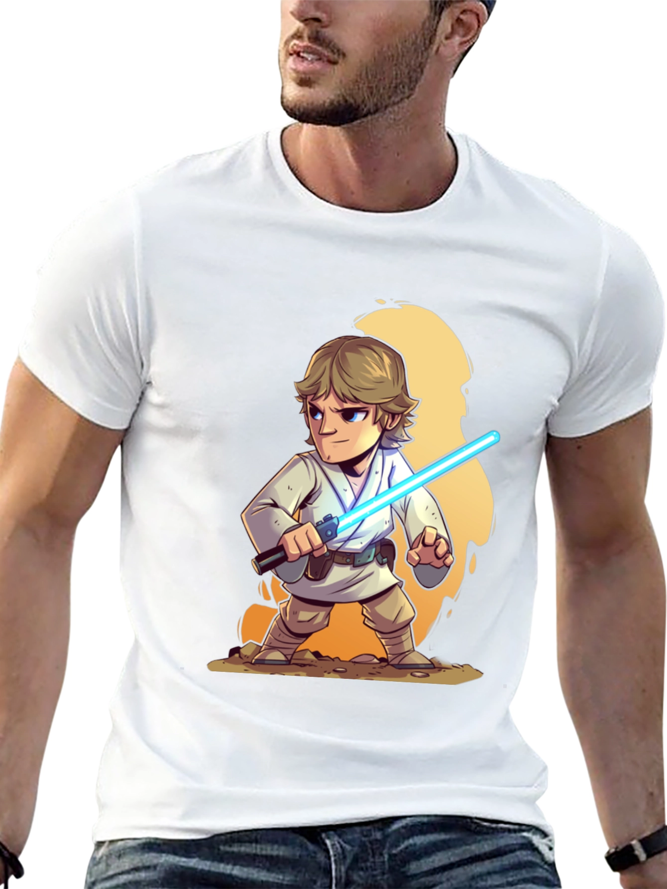 Cartoon Luke Skywalker Lightsaber Black T-Shirt