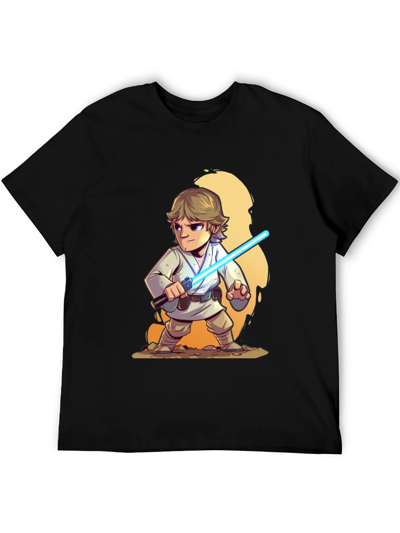 Cartoon Luke Skywalker Lightsaber Black T-Shirt