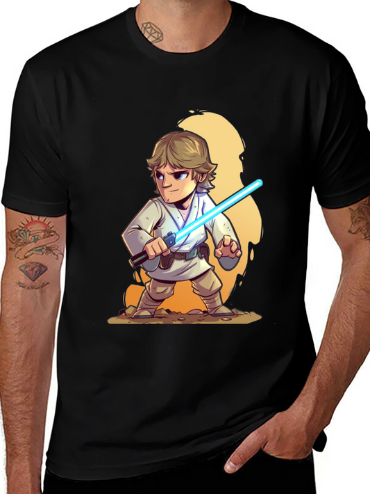 Cartoon Luke Skywalker Lightsaber Black T-Shirt