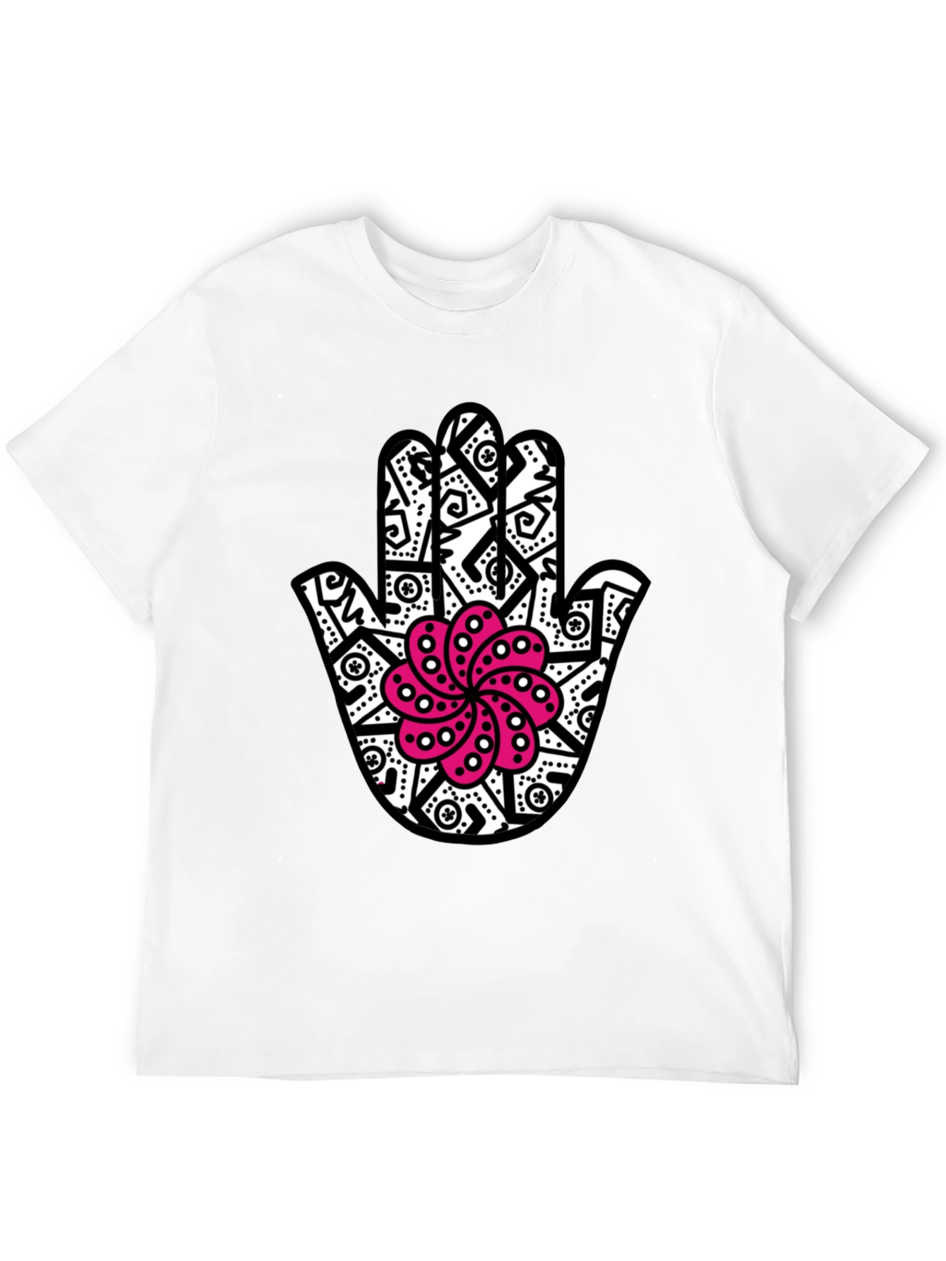 Black Hamsa Hand T-Shirt with Pink Lotus Design