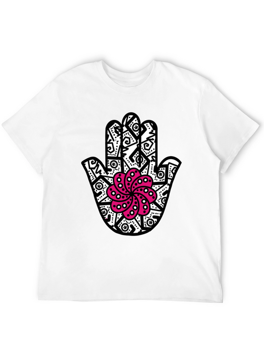 Black Hamsa Hand T-Shirt with Pink Lotus Design