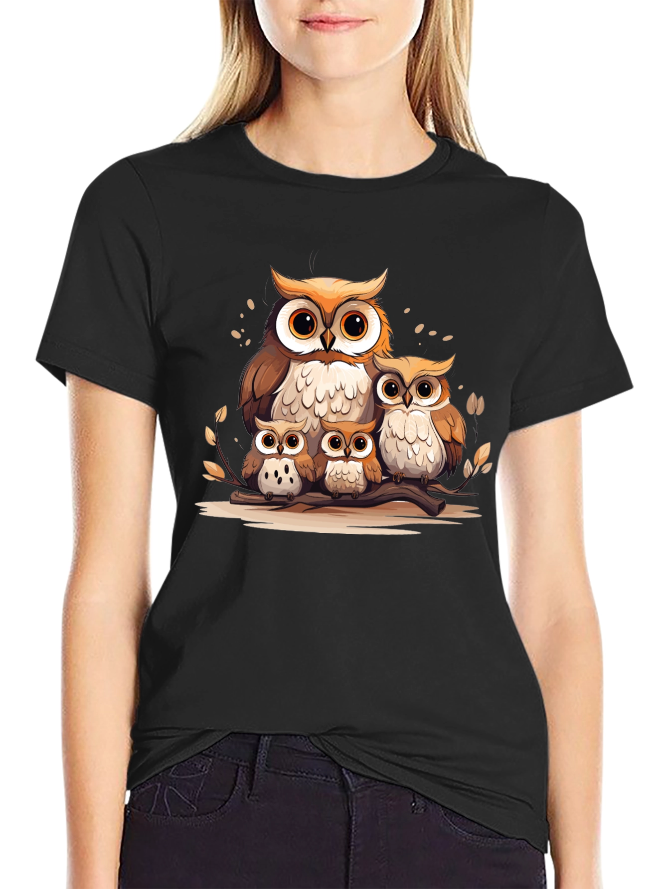 Owl Family Graphic Tee - Black Cotton T-Shirt