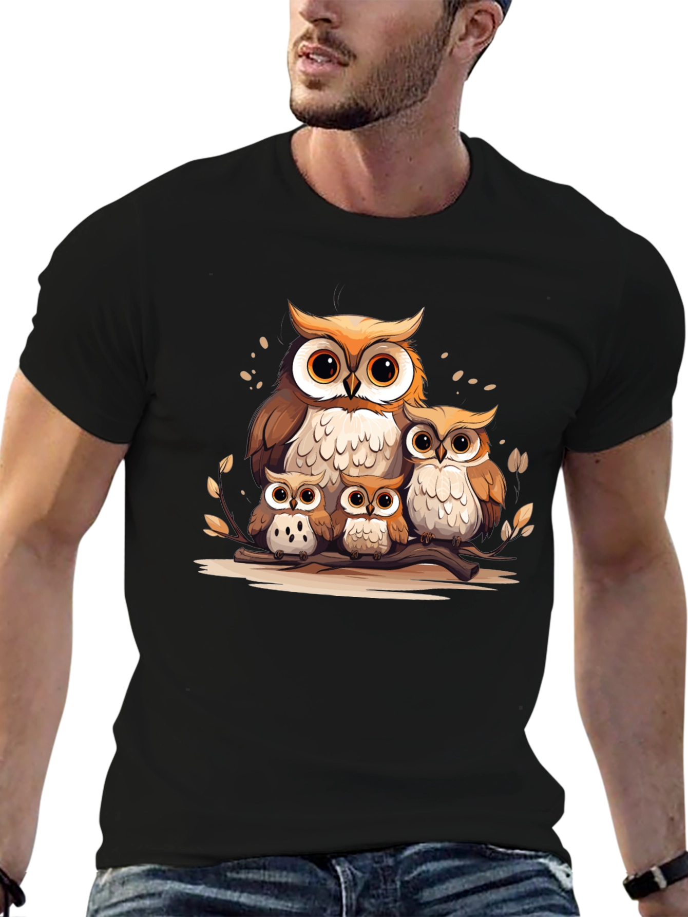 Owl Family Graphic Tee - Black Cotton T-Shirt