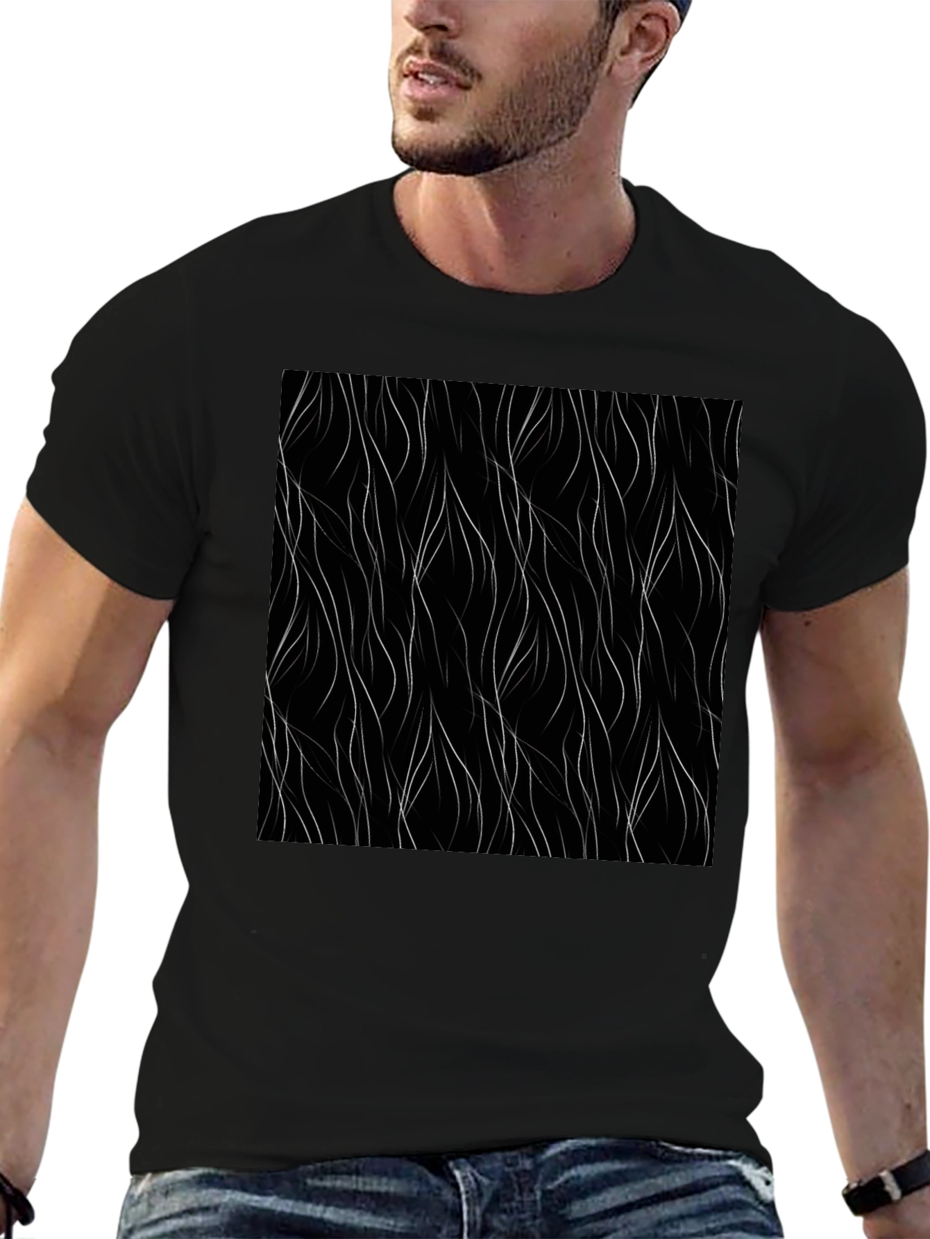 Modern Black Tee with Abstract Wavy Line Design