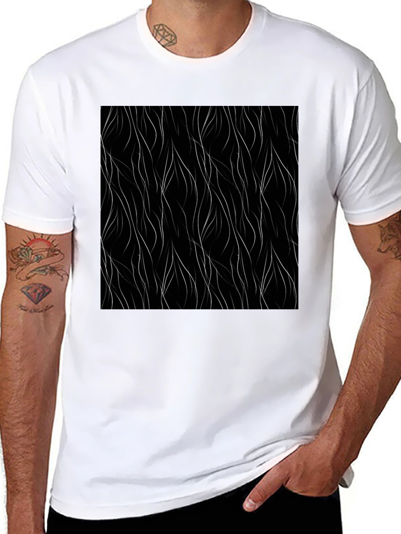 Modern Black Tee with Abstract Wavy Line Design