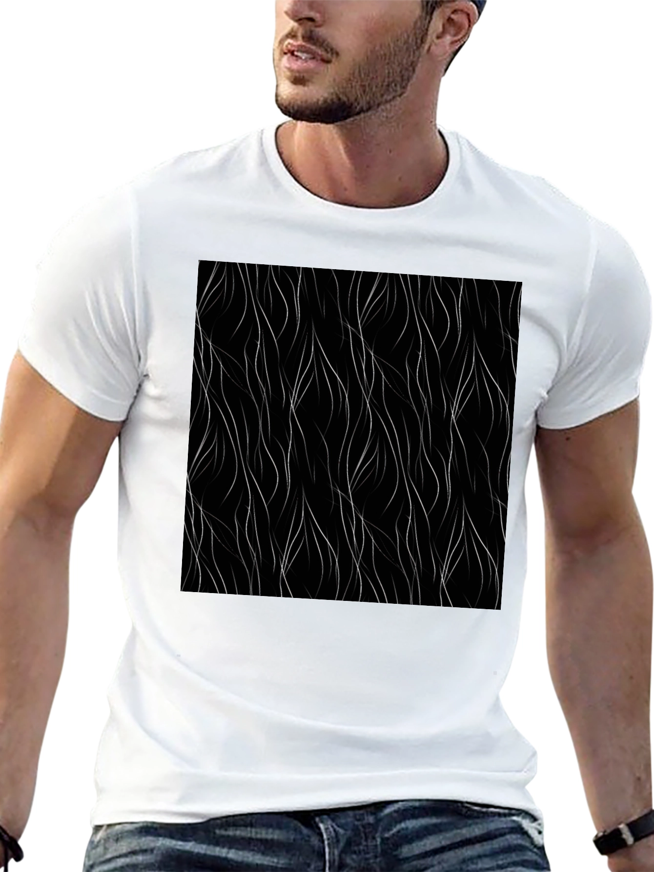 Modern Black Tee with Abstract Wavy Line Design
