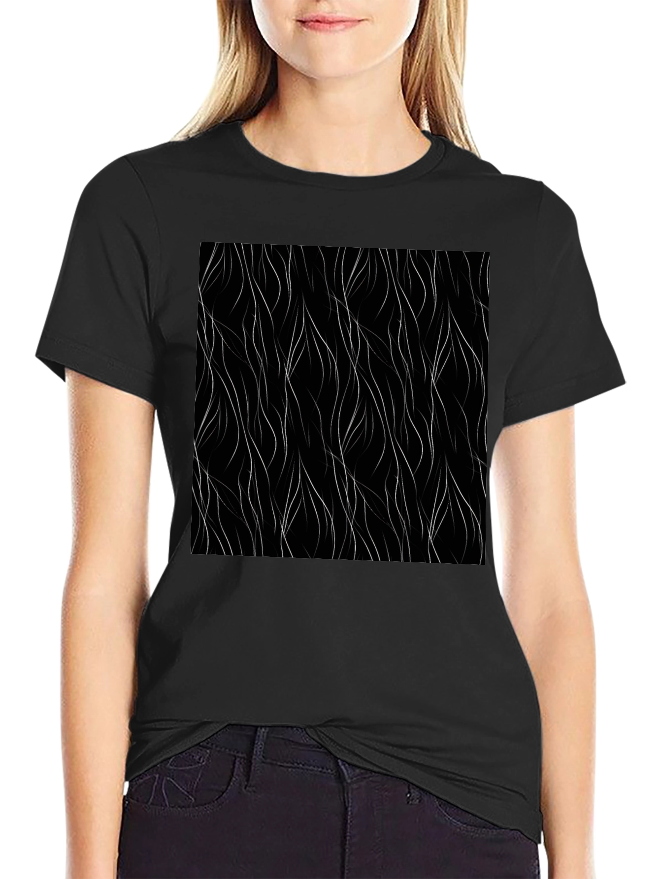 Modern Black Tee with Abstract Wavy Line Design