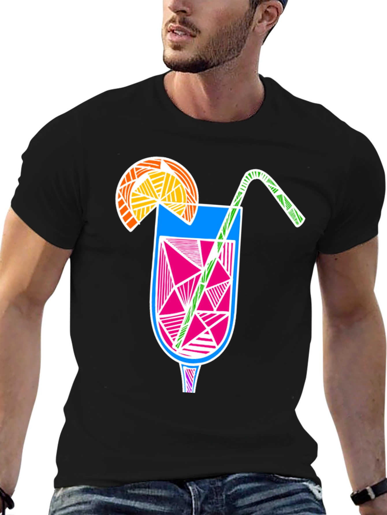 Abstract Cocktail Graphic Tee - Modern Black T-Shirt