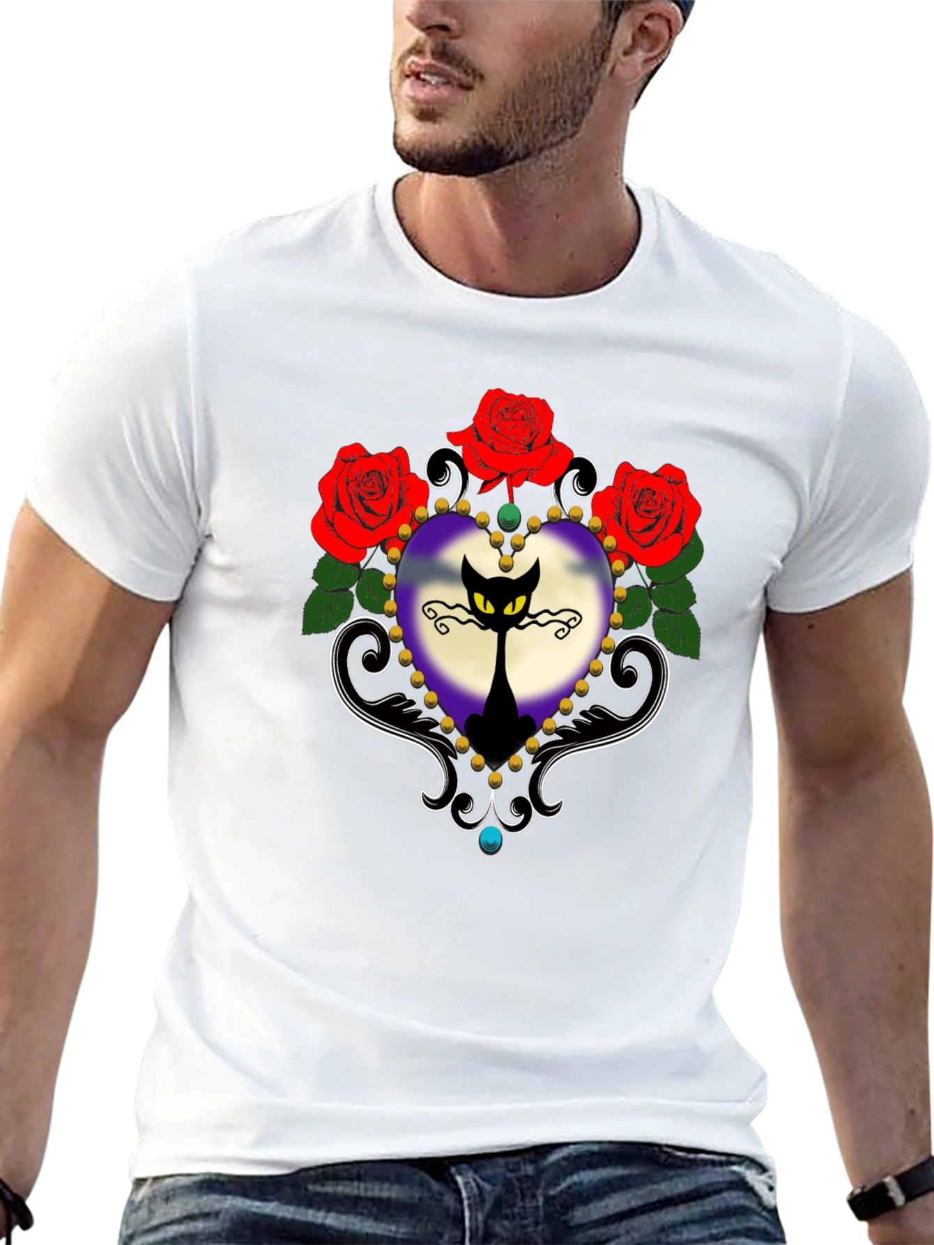 Gothic Cat & Roses Graphic Tee - Black