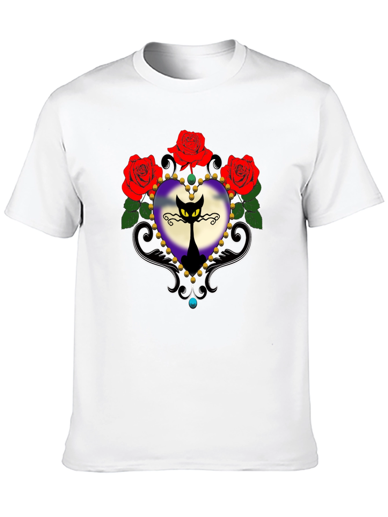 Gothic Cat & Roses Graphic Tee - Black
