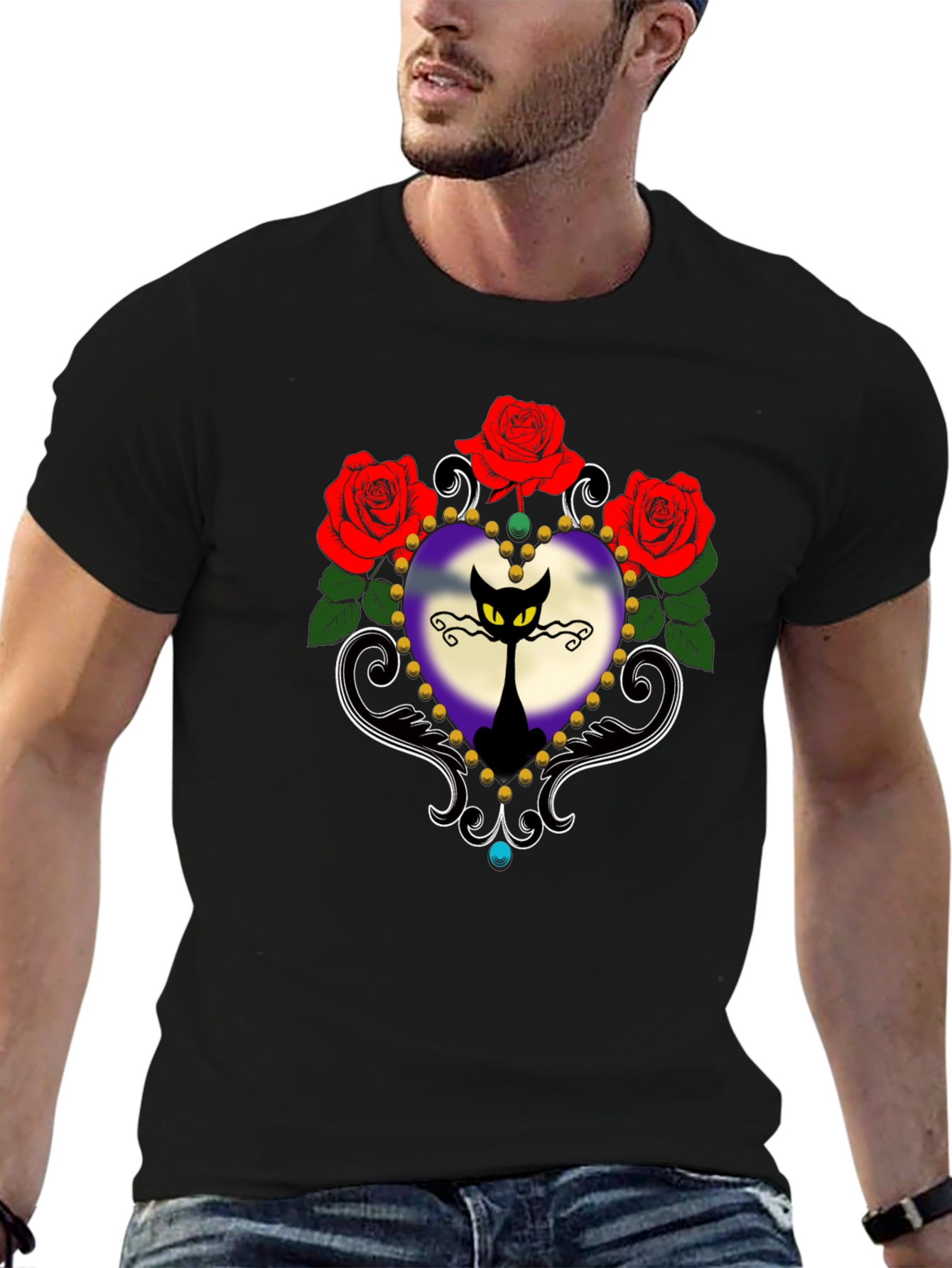Gothic Cat & Roses Graphic Tee - Black