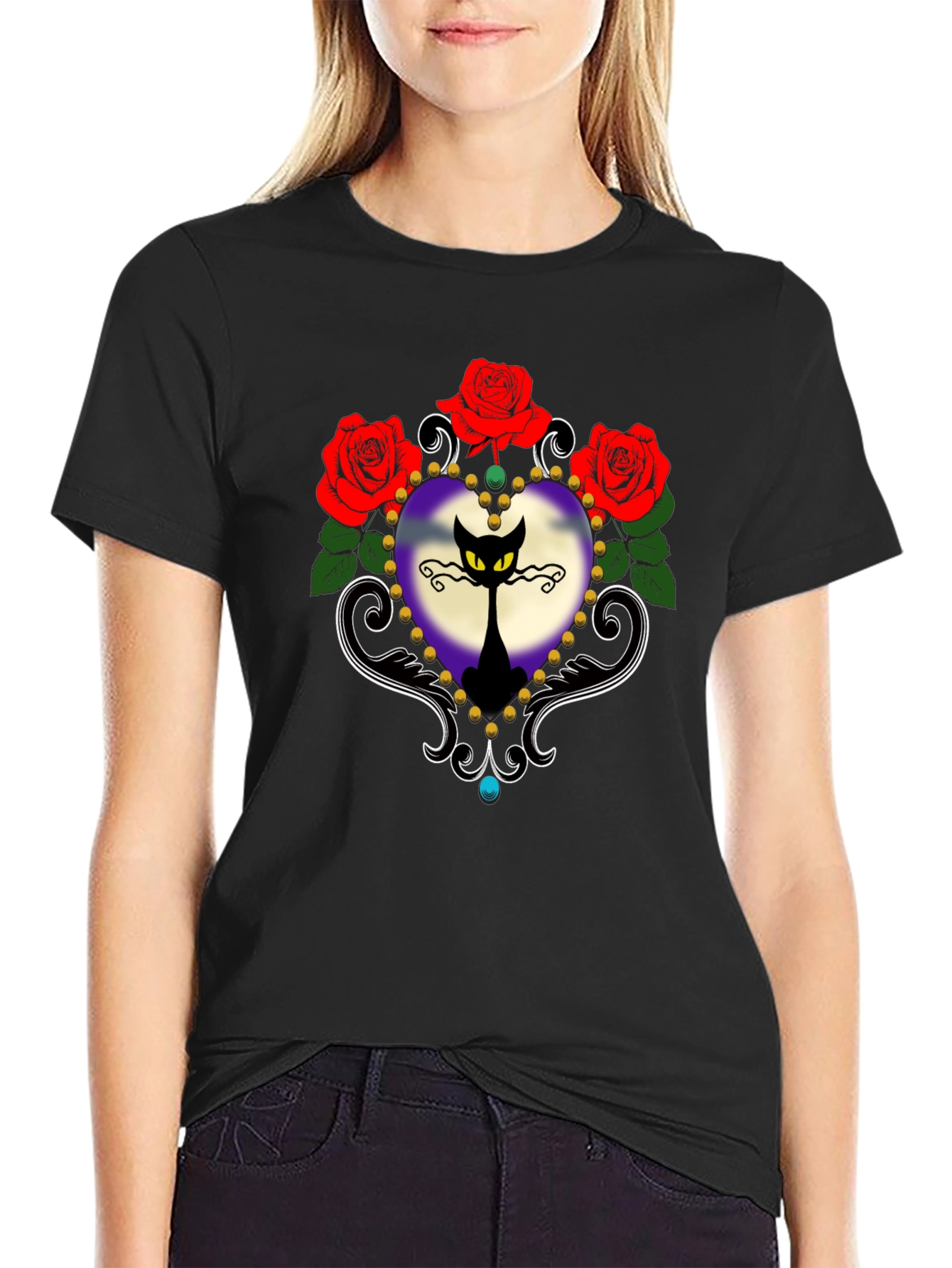 Gothic Cat & Roses Graphic Tee - Black
