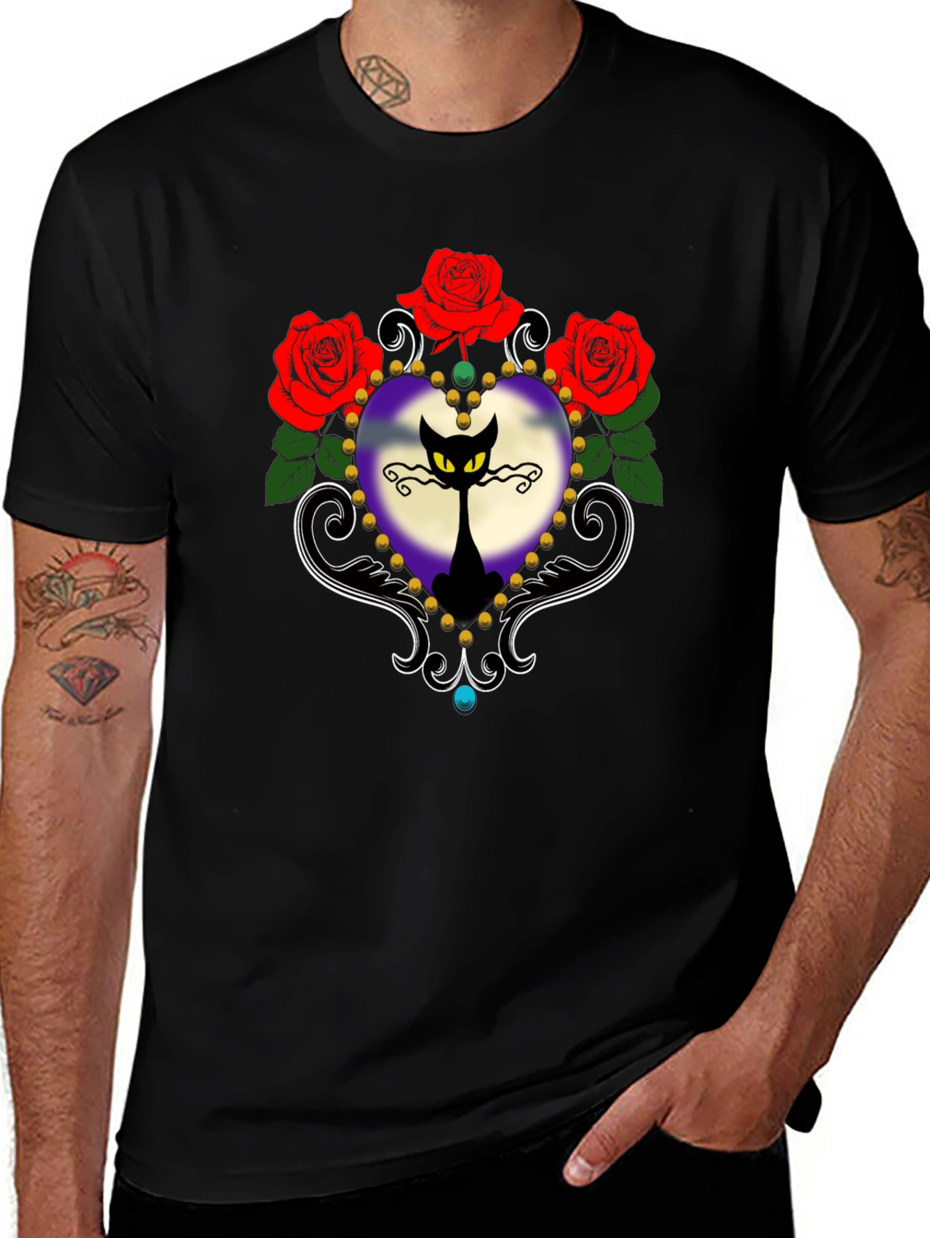 Gothic Cat & Roses Graphic Tee - Black