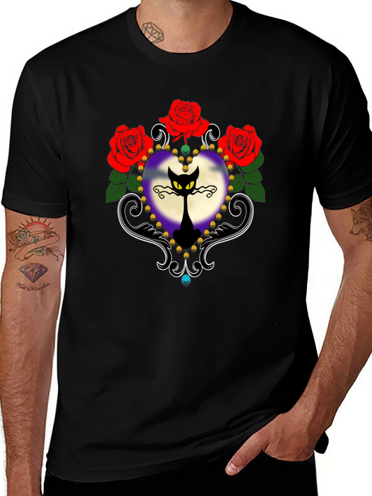 Gothic Cat & Roses Graphic Tee - Black