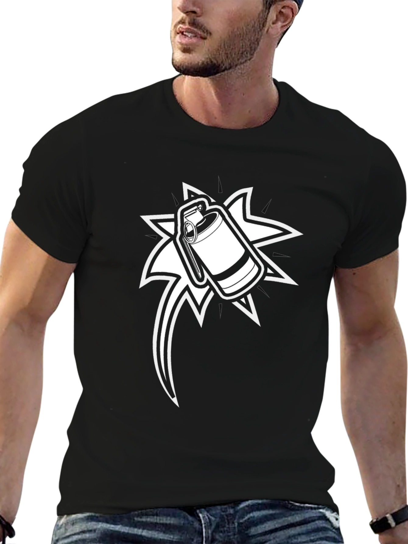 Graphic Black T-Shirt with Grenade Design