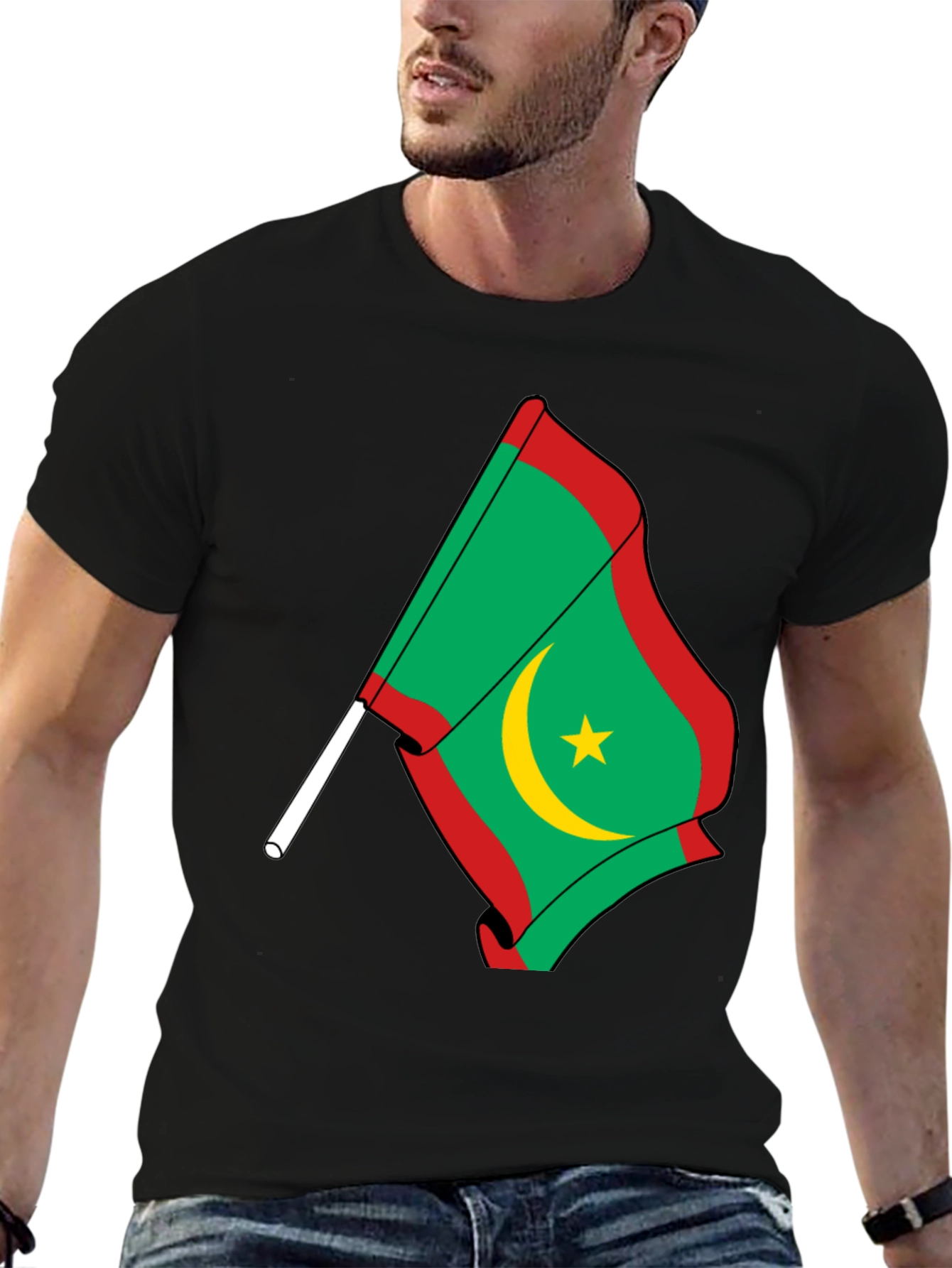 Mauritania Flag Graphic Tee - Black Cotton Shirt