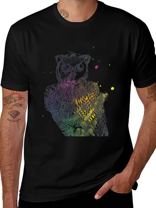 Mens Black T-Shirt with Colorful Owl Graphic