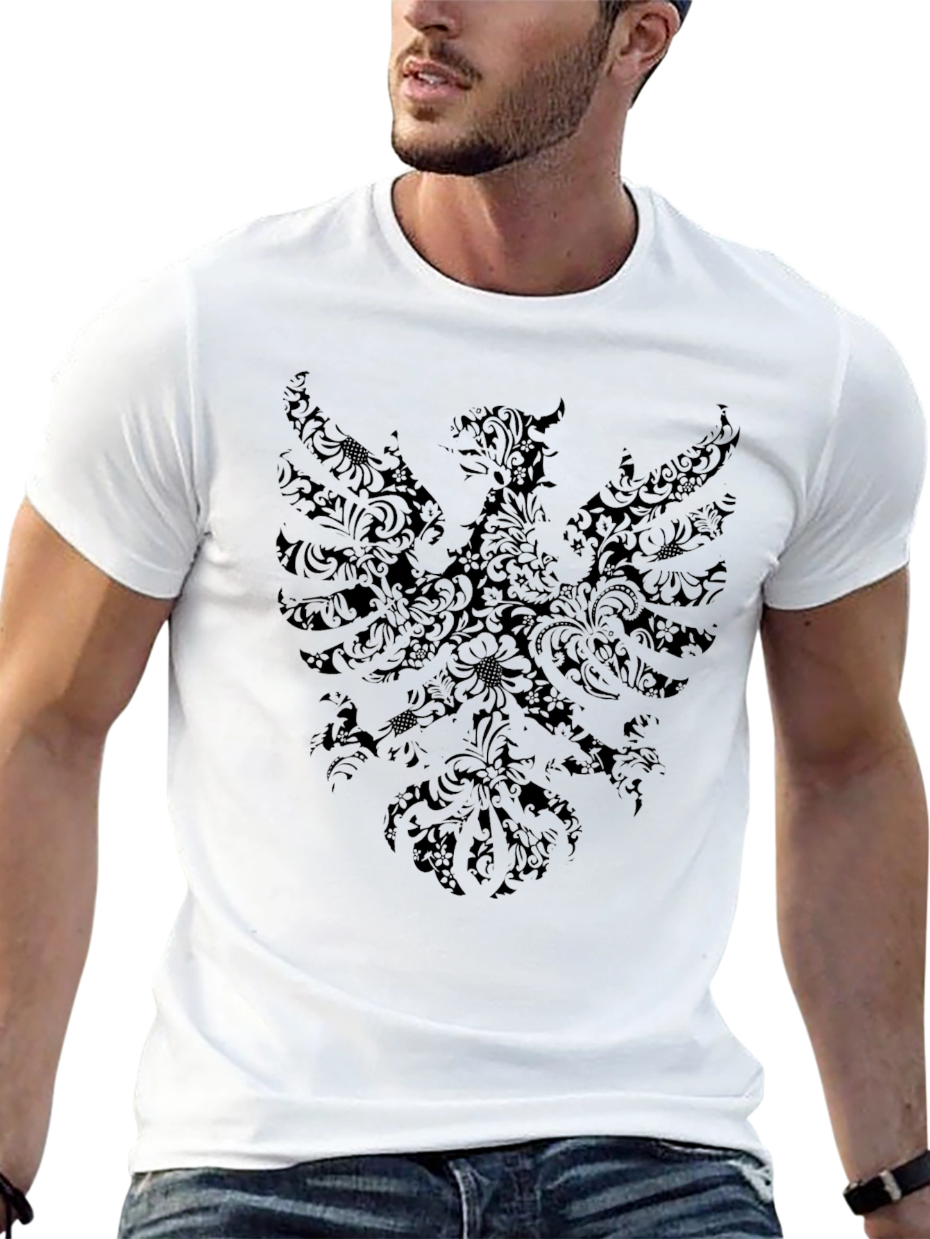 Mens Black T-Shirt with Ornate Eagle Design