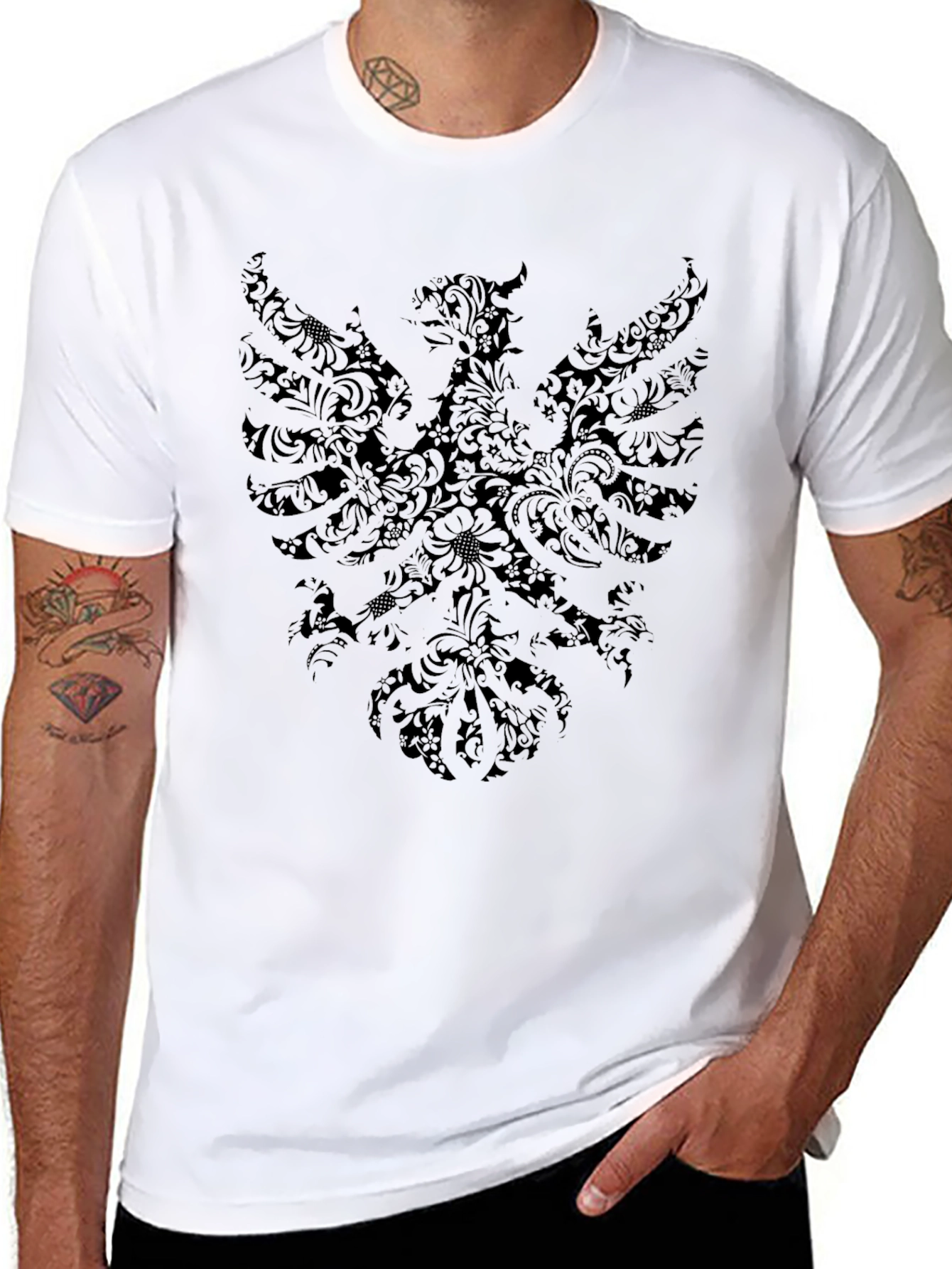 Mens Black T-Shirt with Ornate Eagle Design