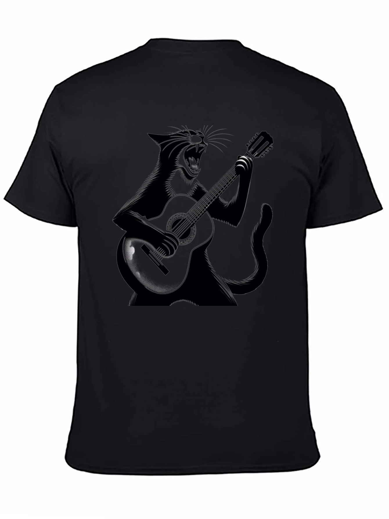 Cat Guitarist Black T-Shirt - Rock On!
