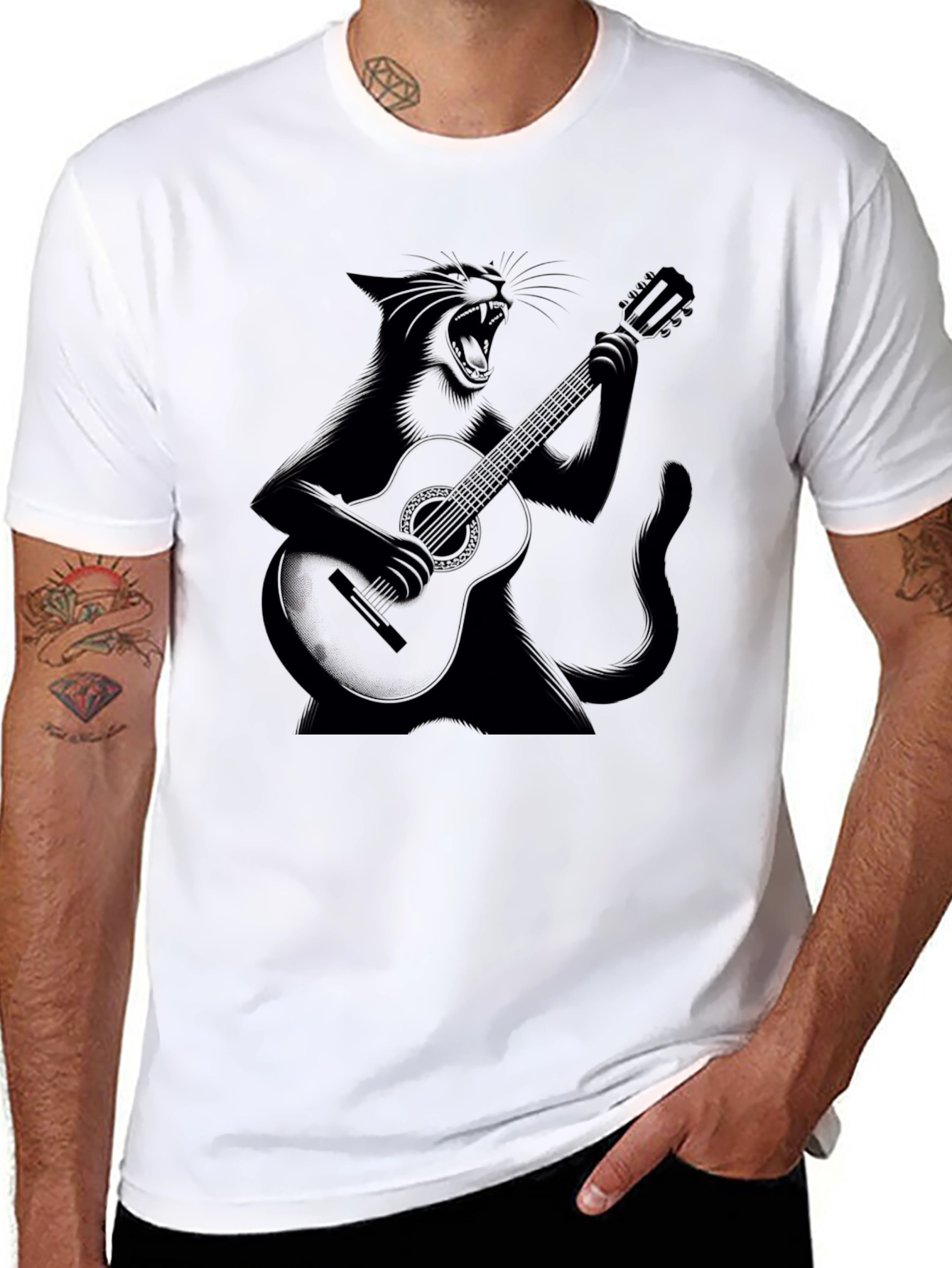Cat Guitarist Black T-Shirt - Rock On!