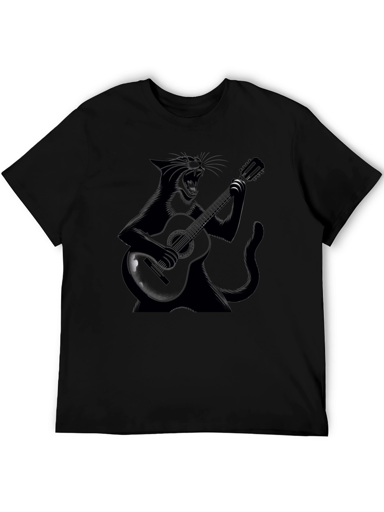 Cat Guitarist Black T-Shirt - Rock On!