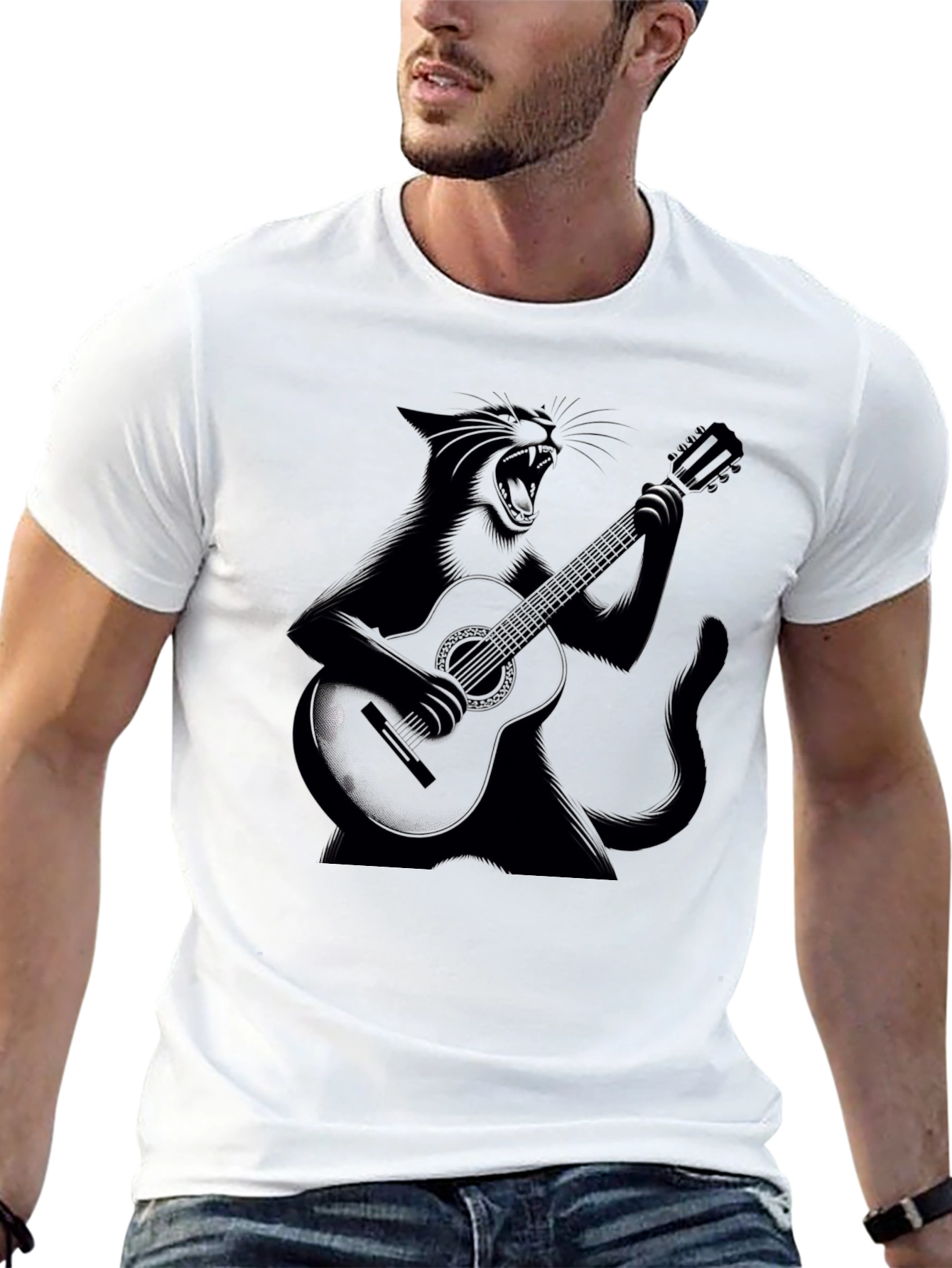 Cat Guitarist Black T-Shirt - Rock On!