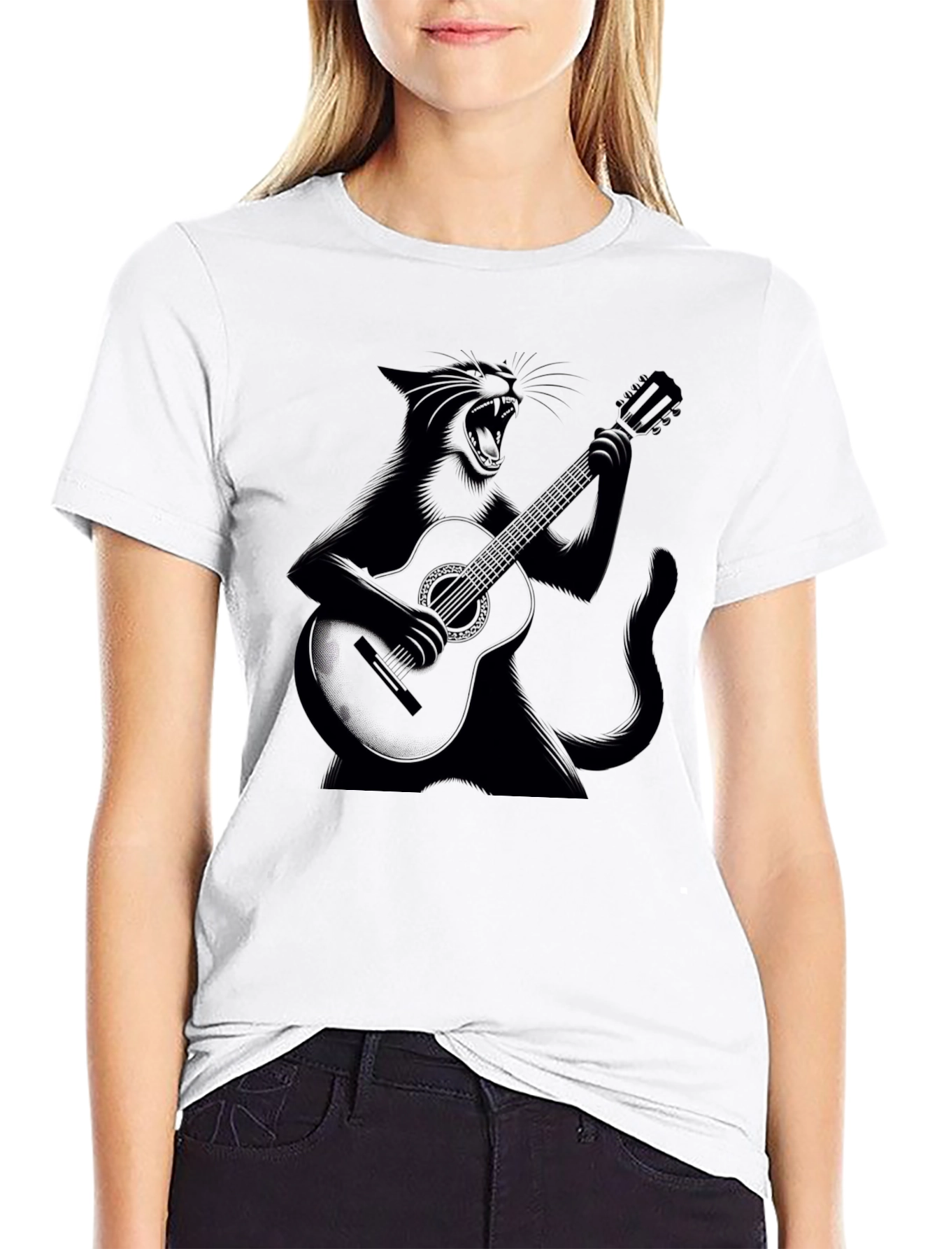 Cat Guitarist Black T-Shirt - Rock On!