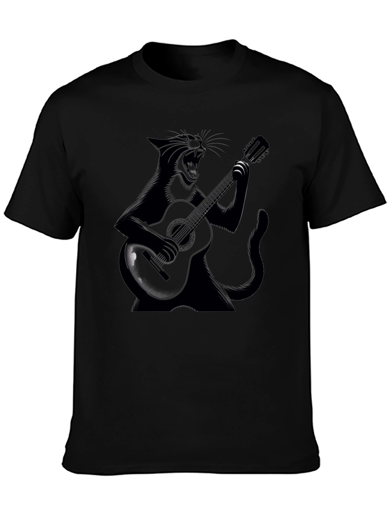 Cat Guitarist Black T-Shirt - Rock On!