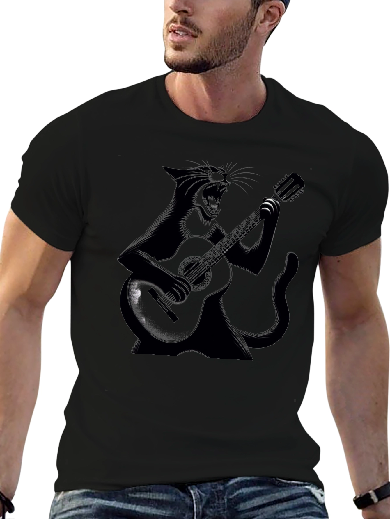 Cat Guitarist Black T-Shirt - Rock On!