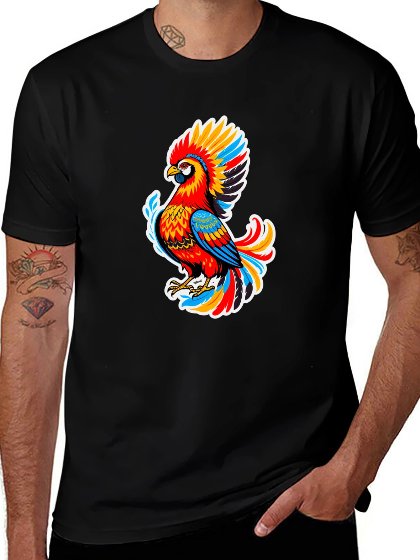 Vibrant Parrot Graphic Black T-Shirt