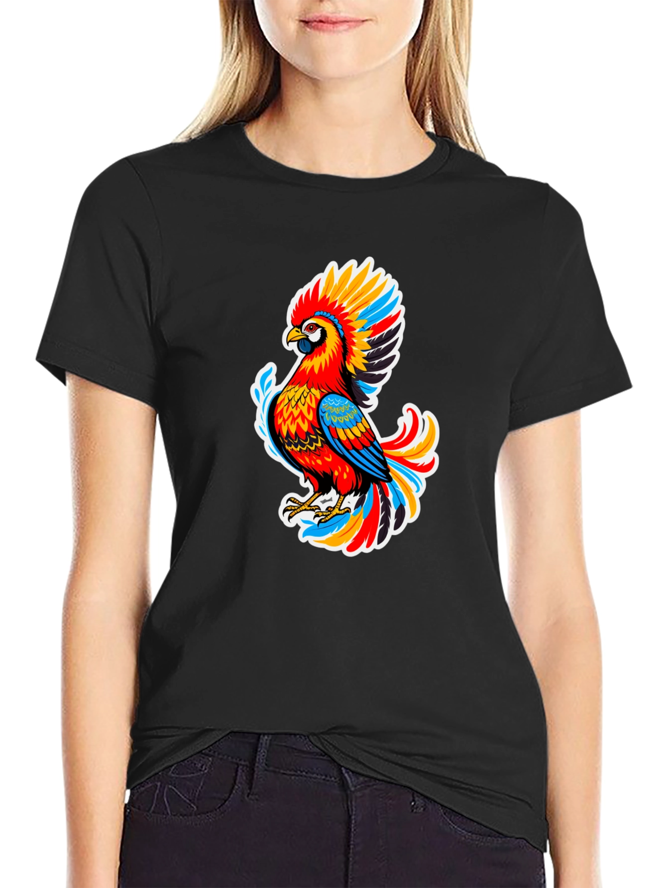 Vibrant Parrot Graphic Black T-Shirt