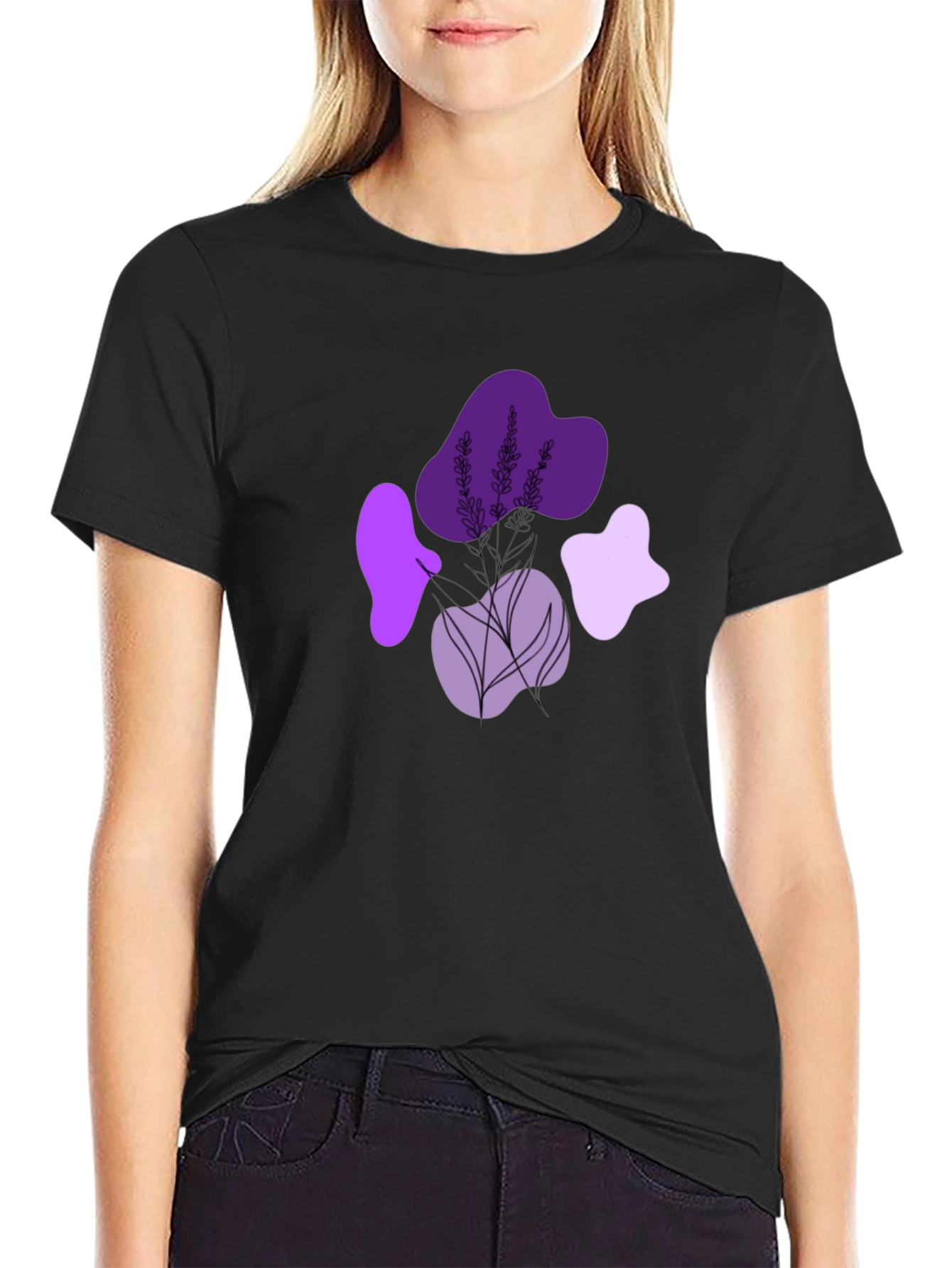 Stylish Black T-Shirt with Lavender Design
