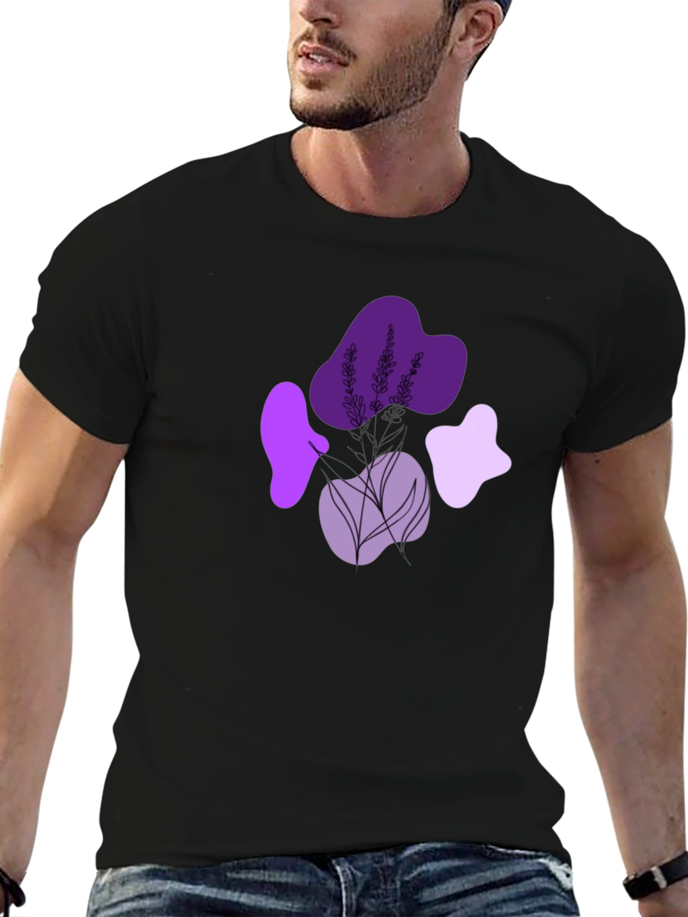 Stylish Black T-Shirt with Lavender Design