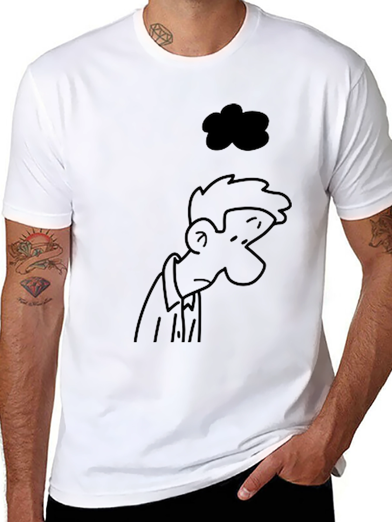 Melancholy Cartoon Print Black T-Shirt