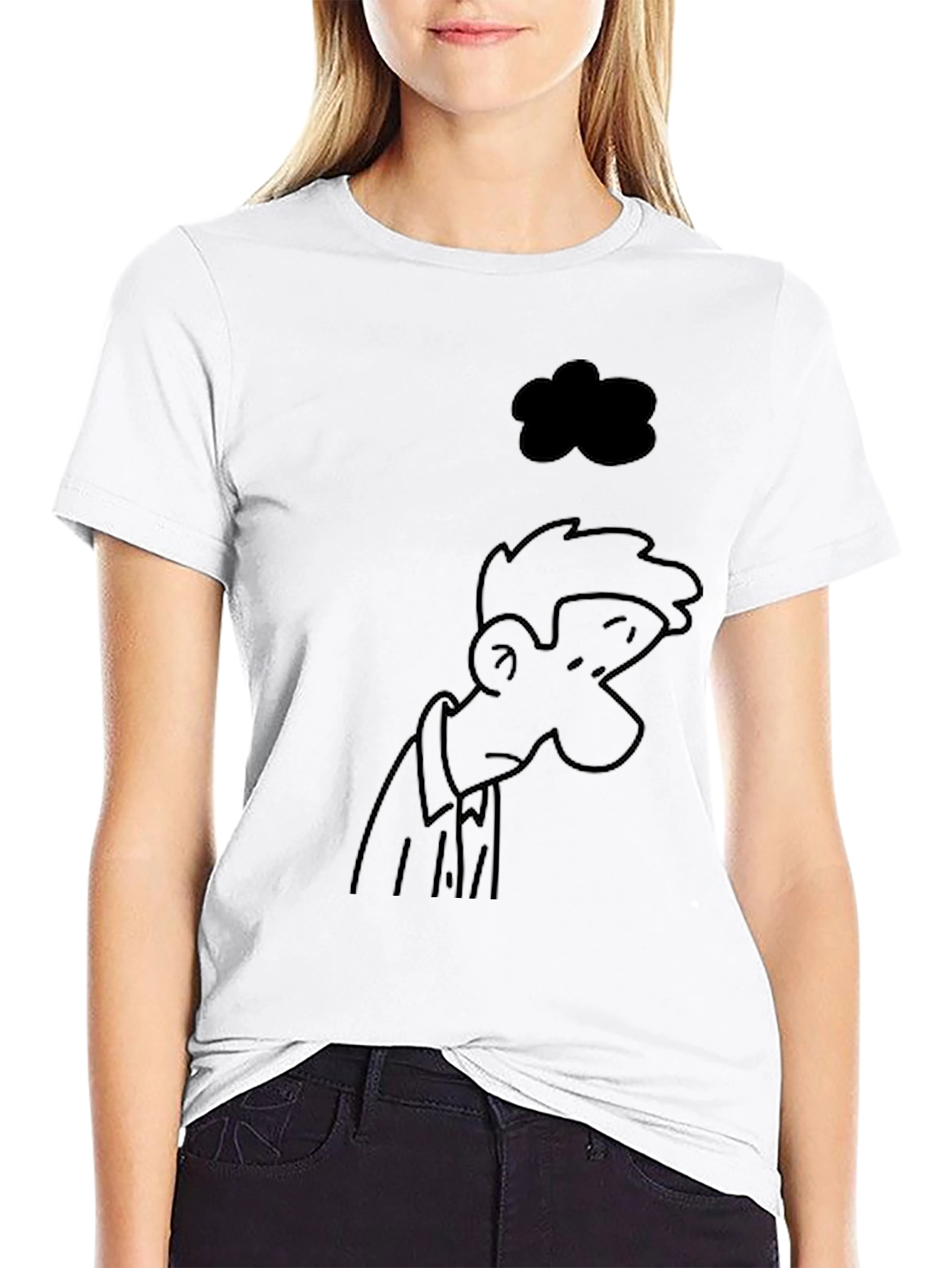 Melancholy Cartoon Print Black T-Shirt