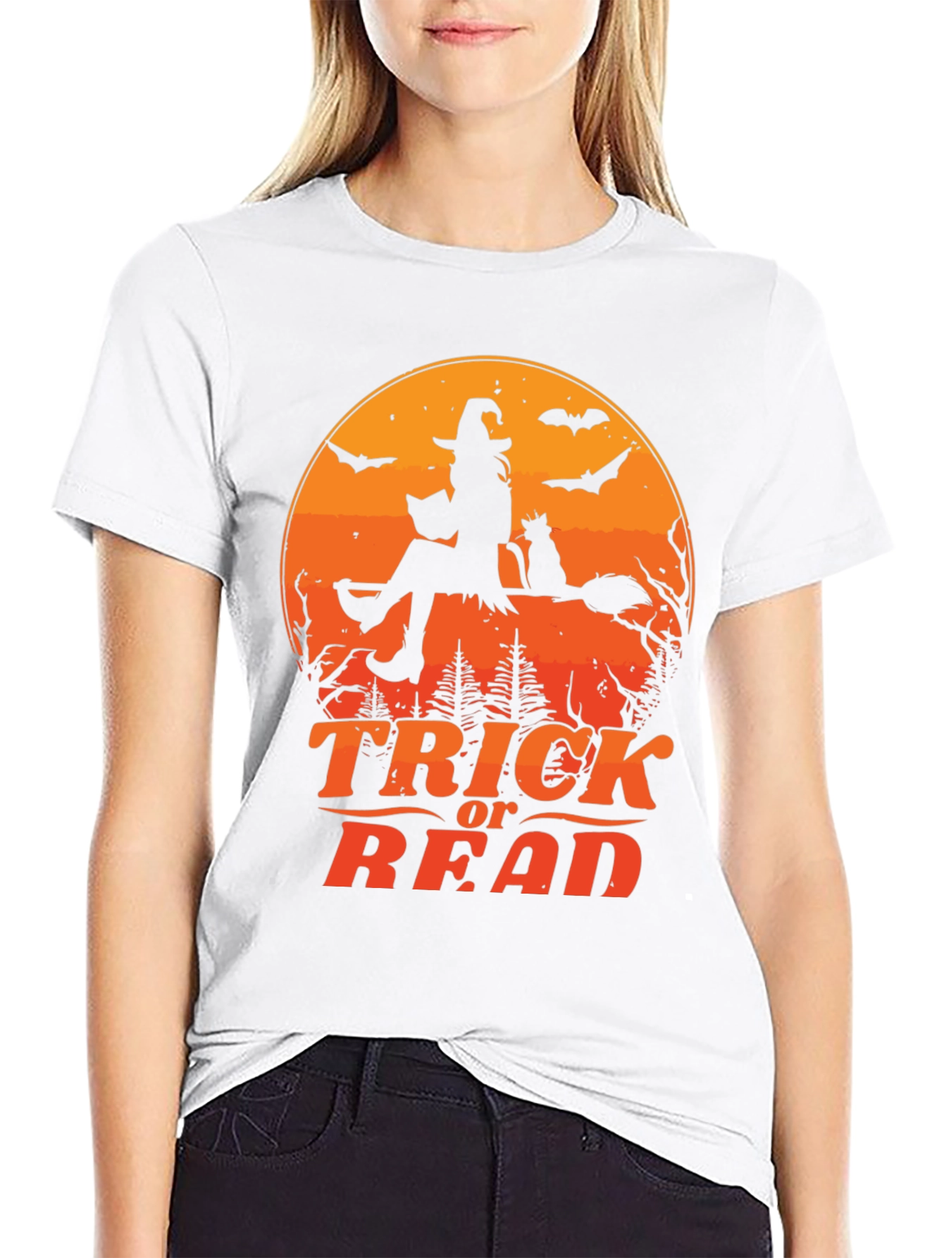 Halloween Trick or Read T-Shirt Witch Cat Bats
