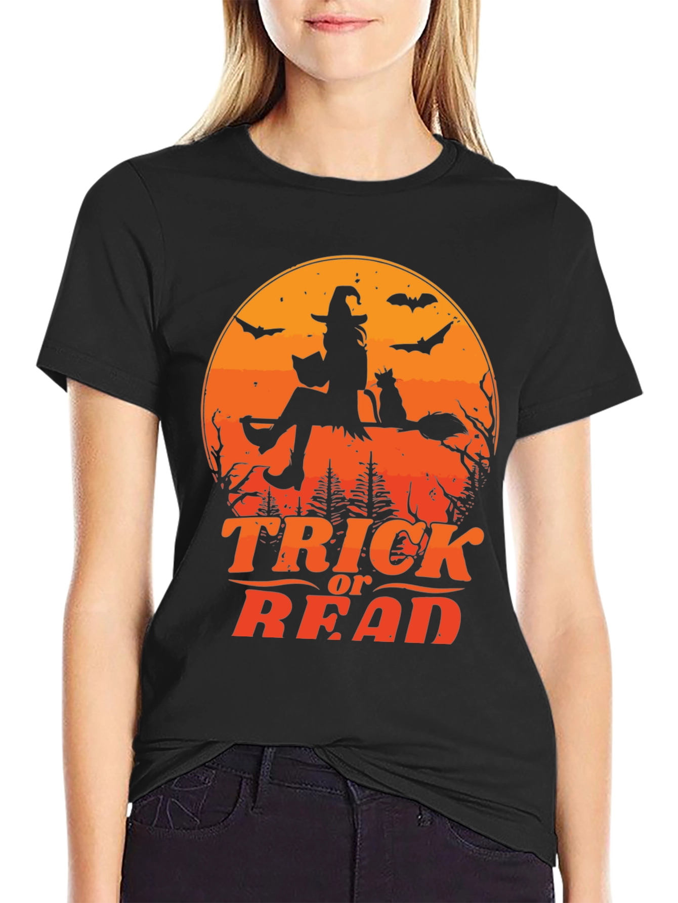 Halloween Trick or Read T-Shirt Witch Cat Bats