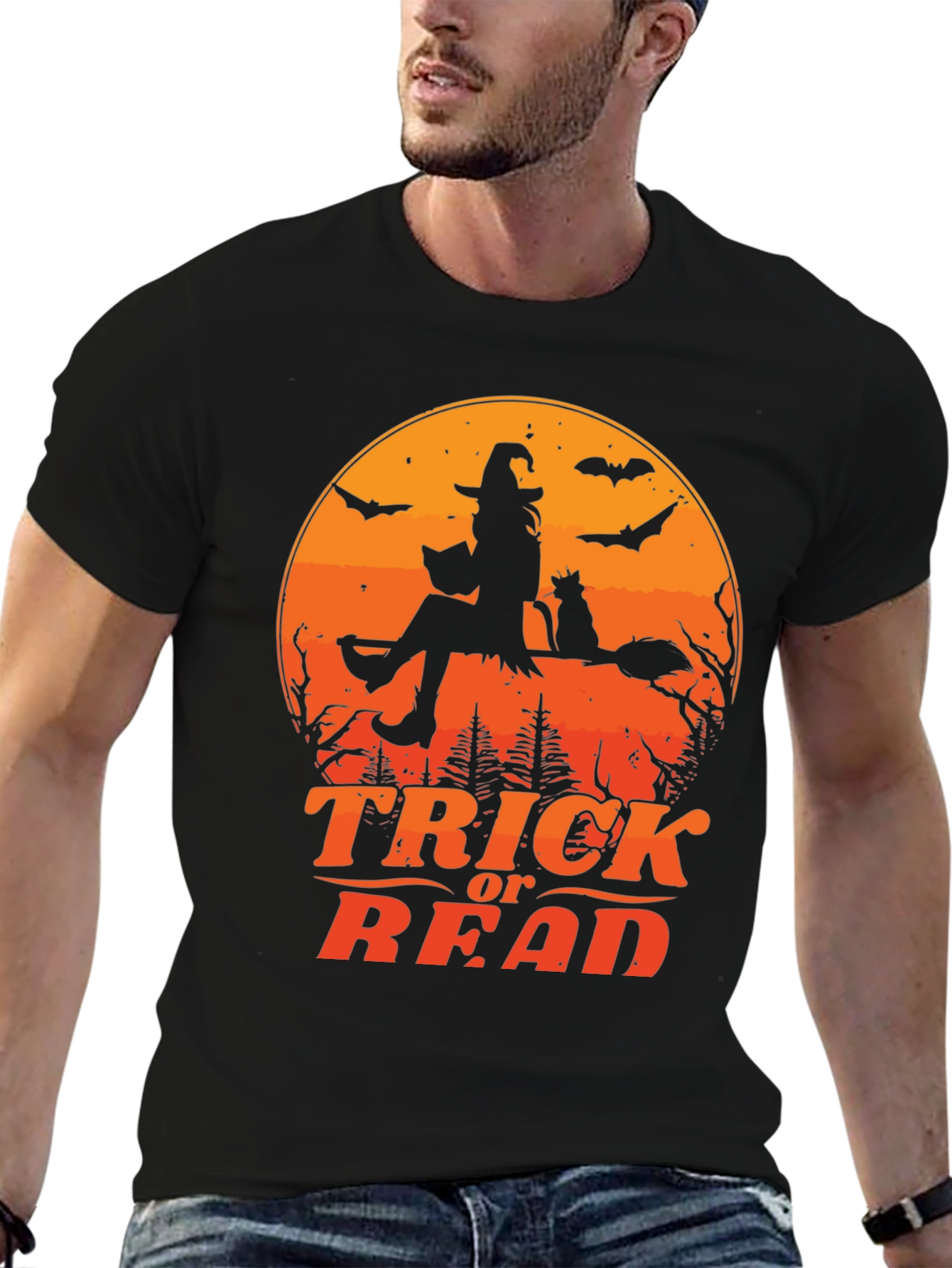 Halloween Trick or Read T-Shirt Witch Cat Bats