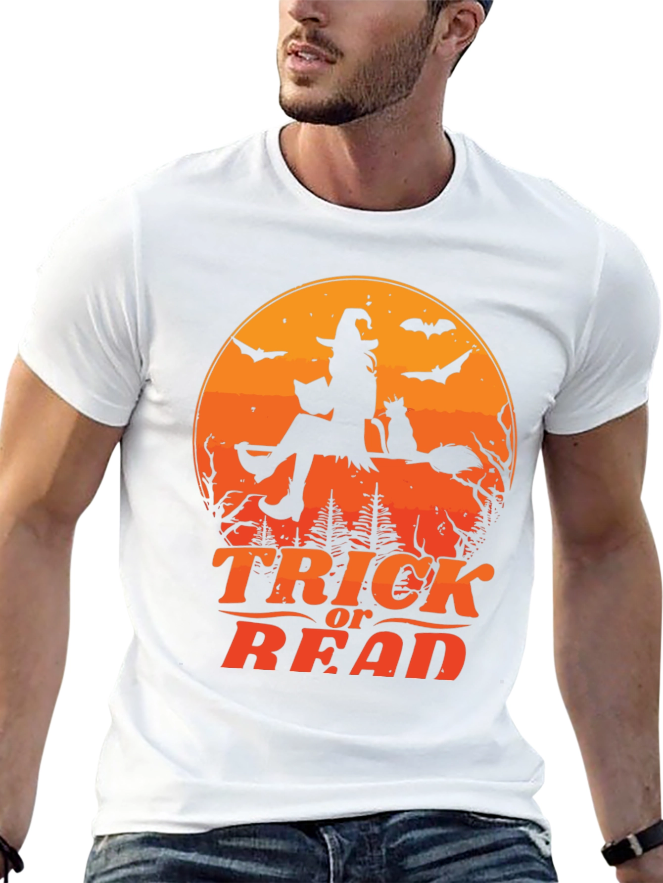 Halloween Trick or Read T-Shirt Witch Cat Bats
