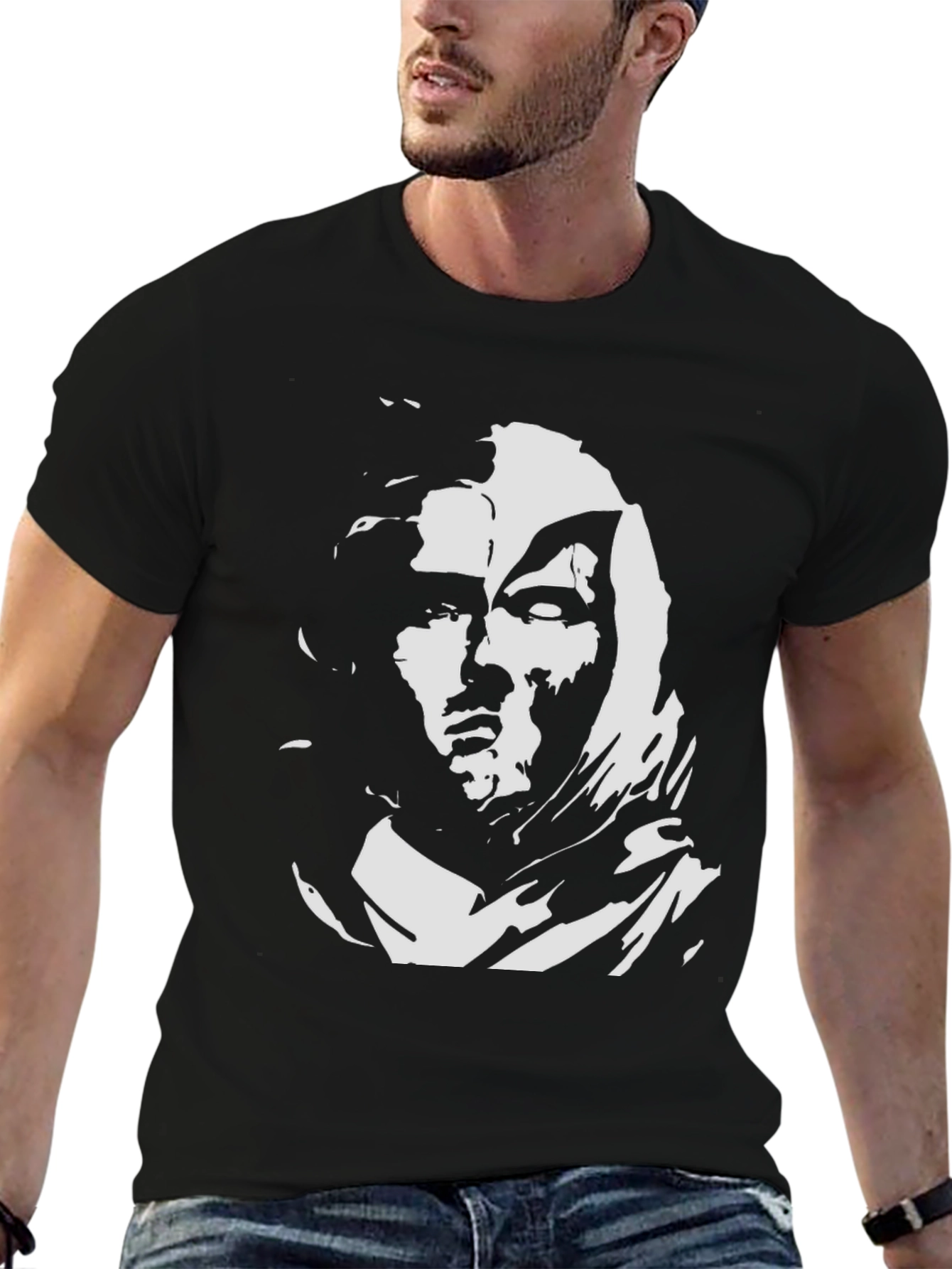 Black Graphic Tee with White Face Design