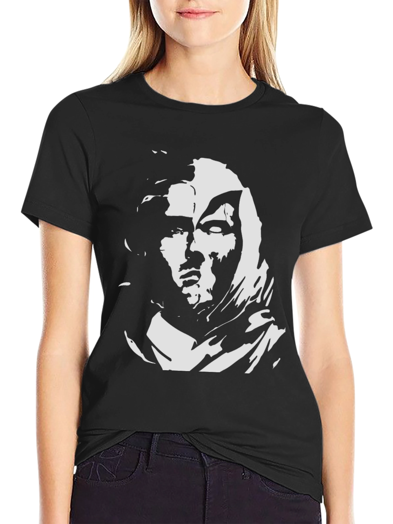 Black Graphic Tee with White Face Design