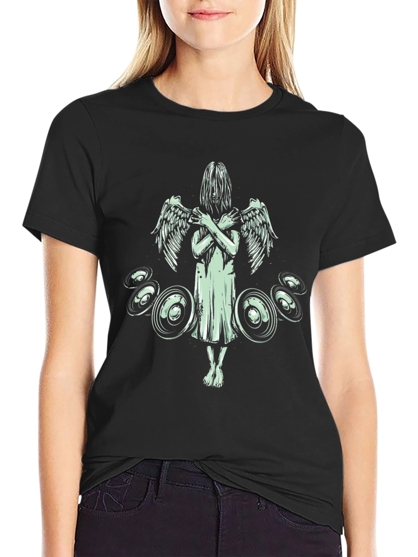 Angel Wings Graphic Print Tee - Black Cotton Blend