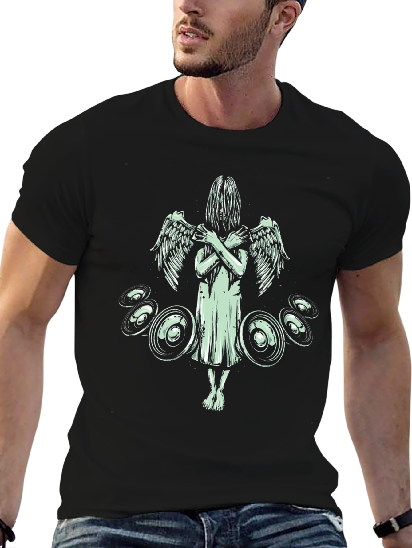 Angel Wings Graphic Print Tee - Black Cotton Blend