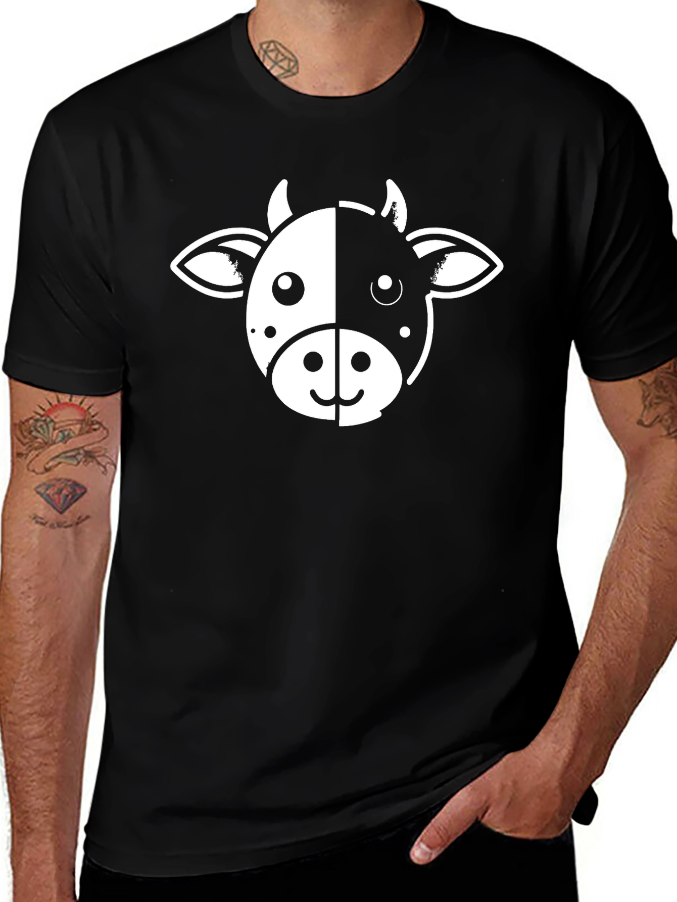 Cute Cow Face Graphic Tee - Black Cotton T-Shirt