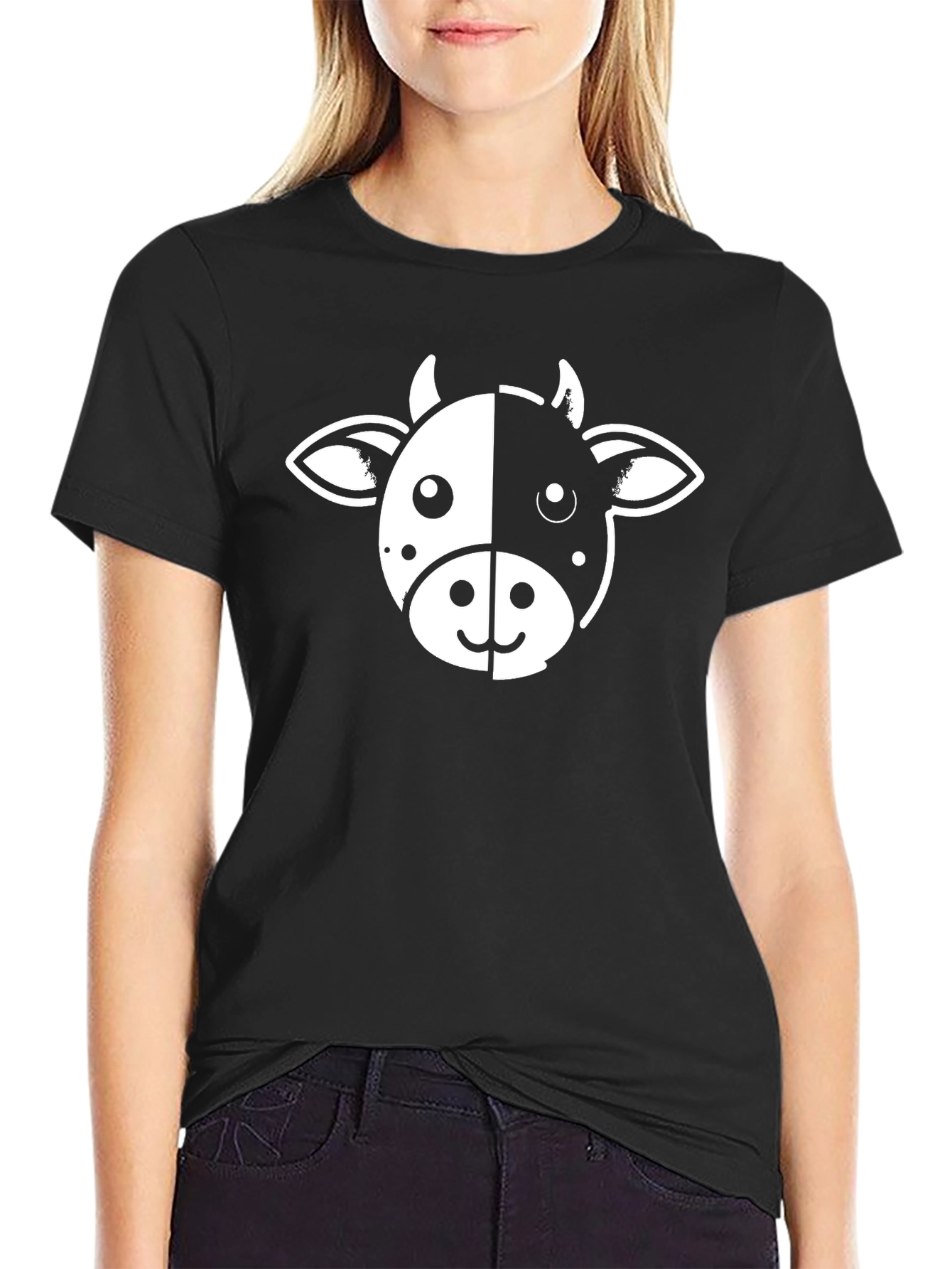 Cute Cow Face Graphic Tee - Black Cotton T-Shirt