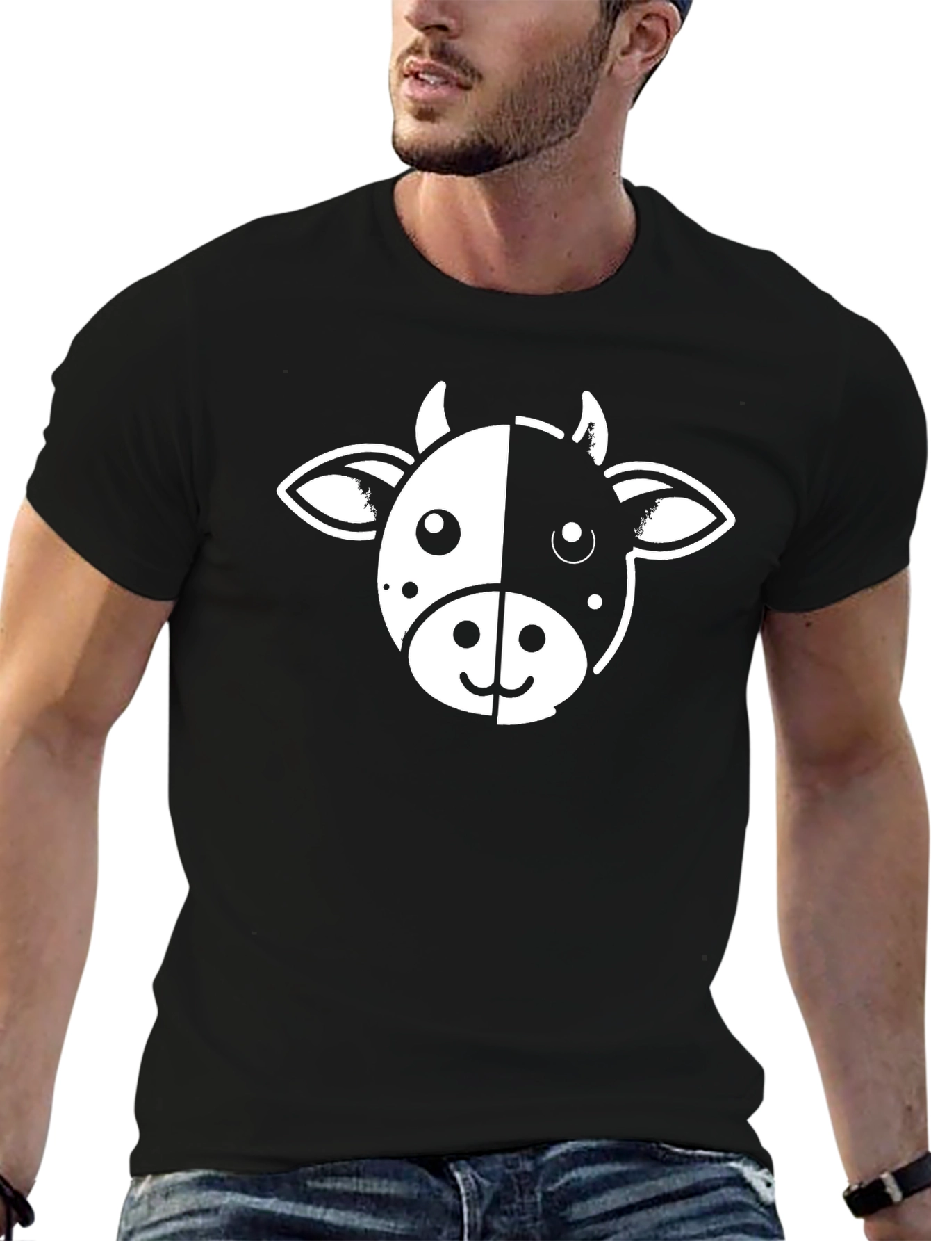 Cute Cow Face Graphic Tee - Black Cotton T-Shirt
