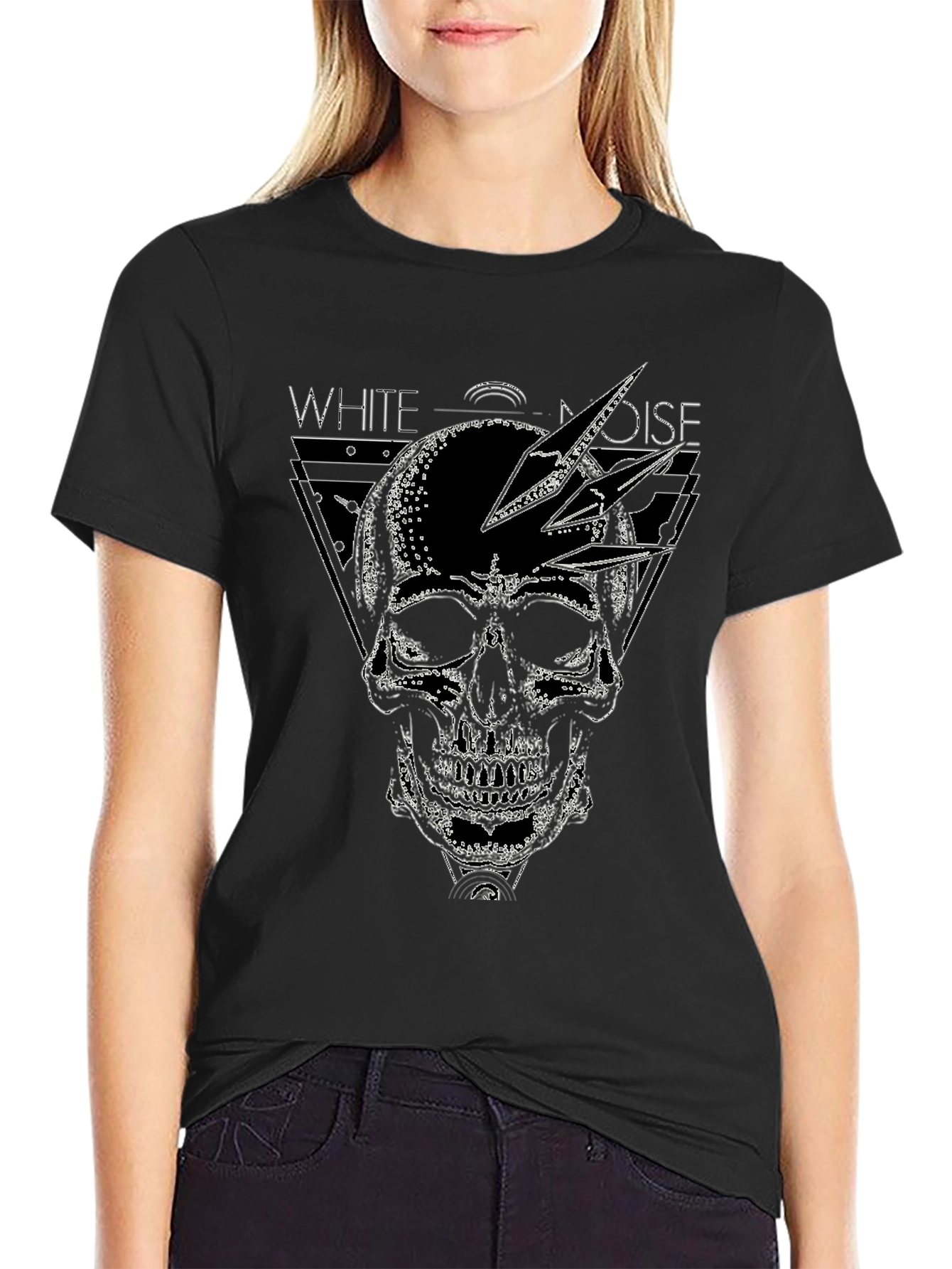 White Noise Skull Graphic Tee - Black Cotton