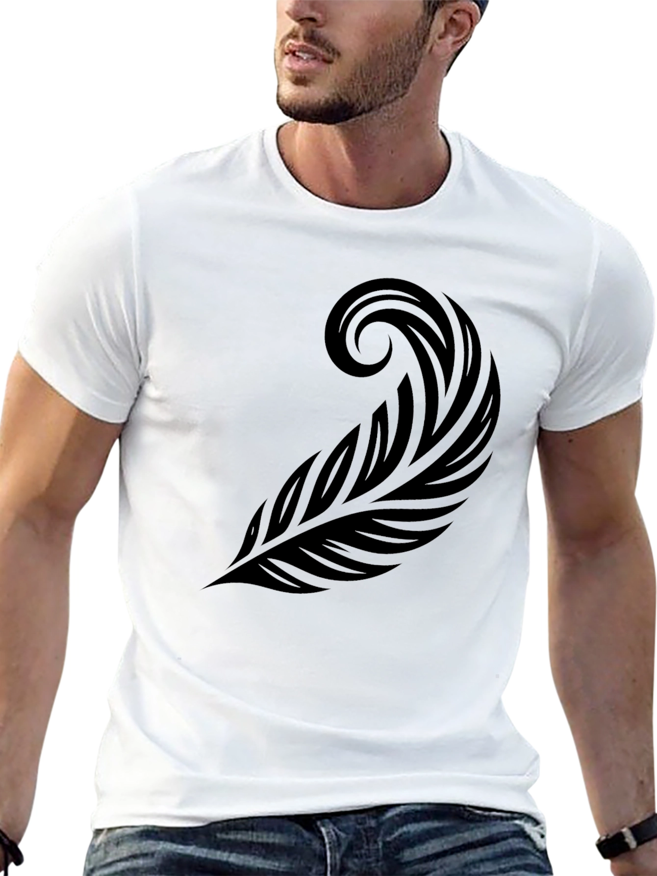 Black T-Shirt with Tribal Feather Graphic